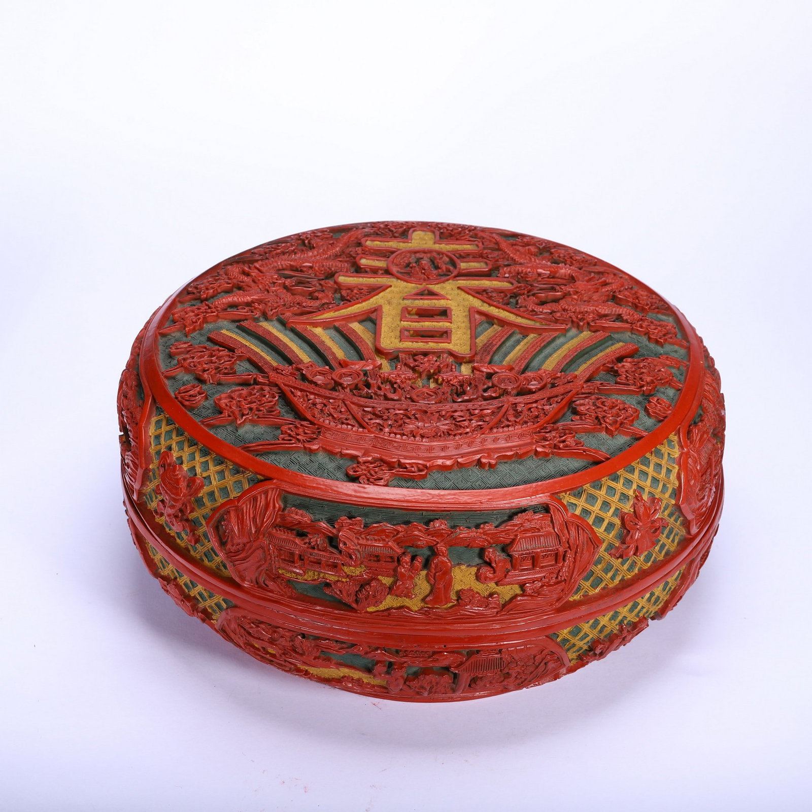 A CARVED LACQUERWARE BOX: 剔红春子盒 A carved lacquerware box 35x35x17cm