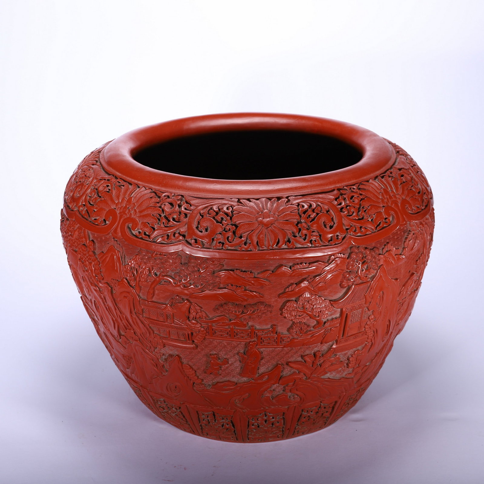 A CARVED LACQUERWARE VAT: 剔红缸 A carved lacquerware vat 45x45x35cm