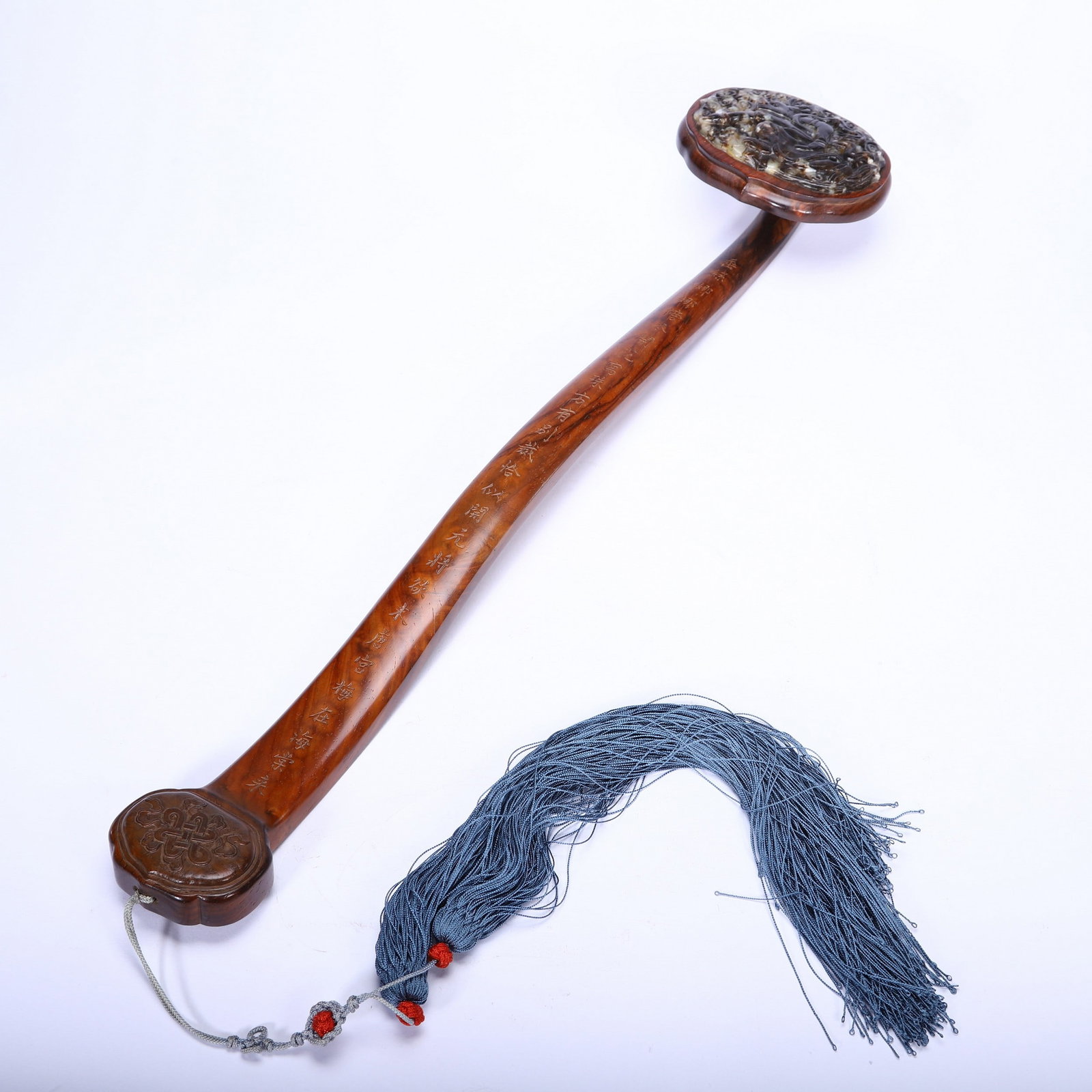 A ROSEWOOD RUYI: 红木嵌和田玉如意 A rosewood ruyi Ht.48cm
