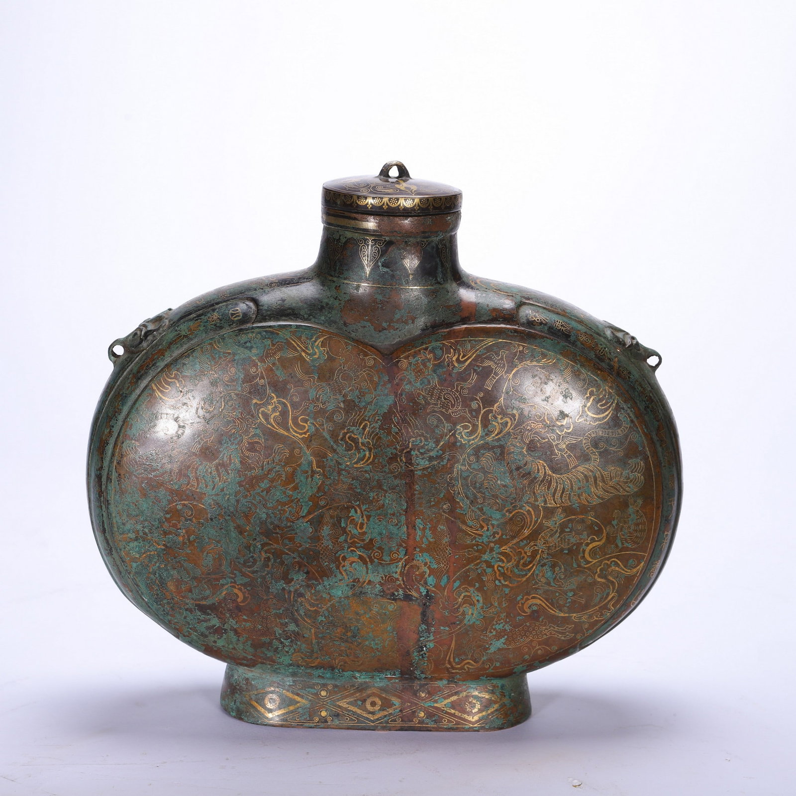 A COPPER MOONFLASK: 铜错金银扁瓶 A copper moonflask Ht.25cm