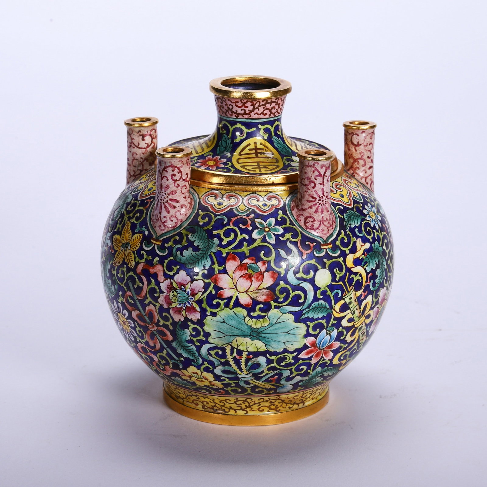 A COPPER GILDED CLOISONN ? ENAMEL VASE: 铜鎏金掐丝珐琅五孔瓶 A copper gilded cloisonn é enamel vase Ht.20cm