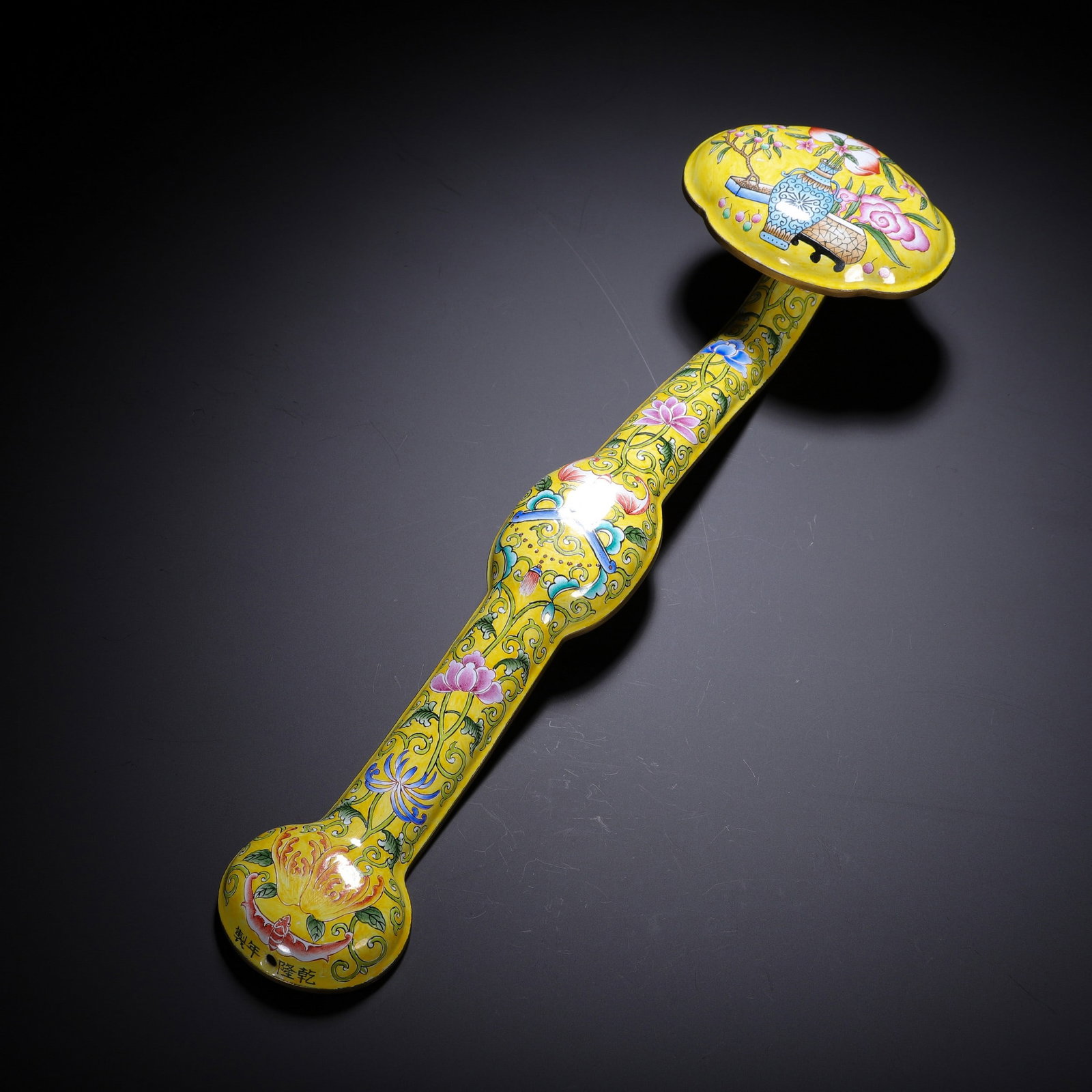 A COPPER GILDED CLOISONN ? ENAMEL RUYI: 铜掐丝珐琅如意 A copper gilded cloisonn é enamel ruyi Ht.35cm