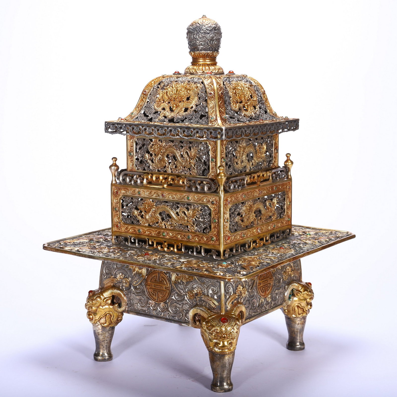 A COPPER GILDED INCENSE BURNER: 铜鎏金香薰 A copper gilded incense burner Diam.32cm Ht.47cm