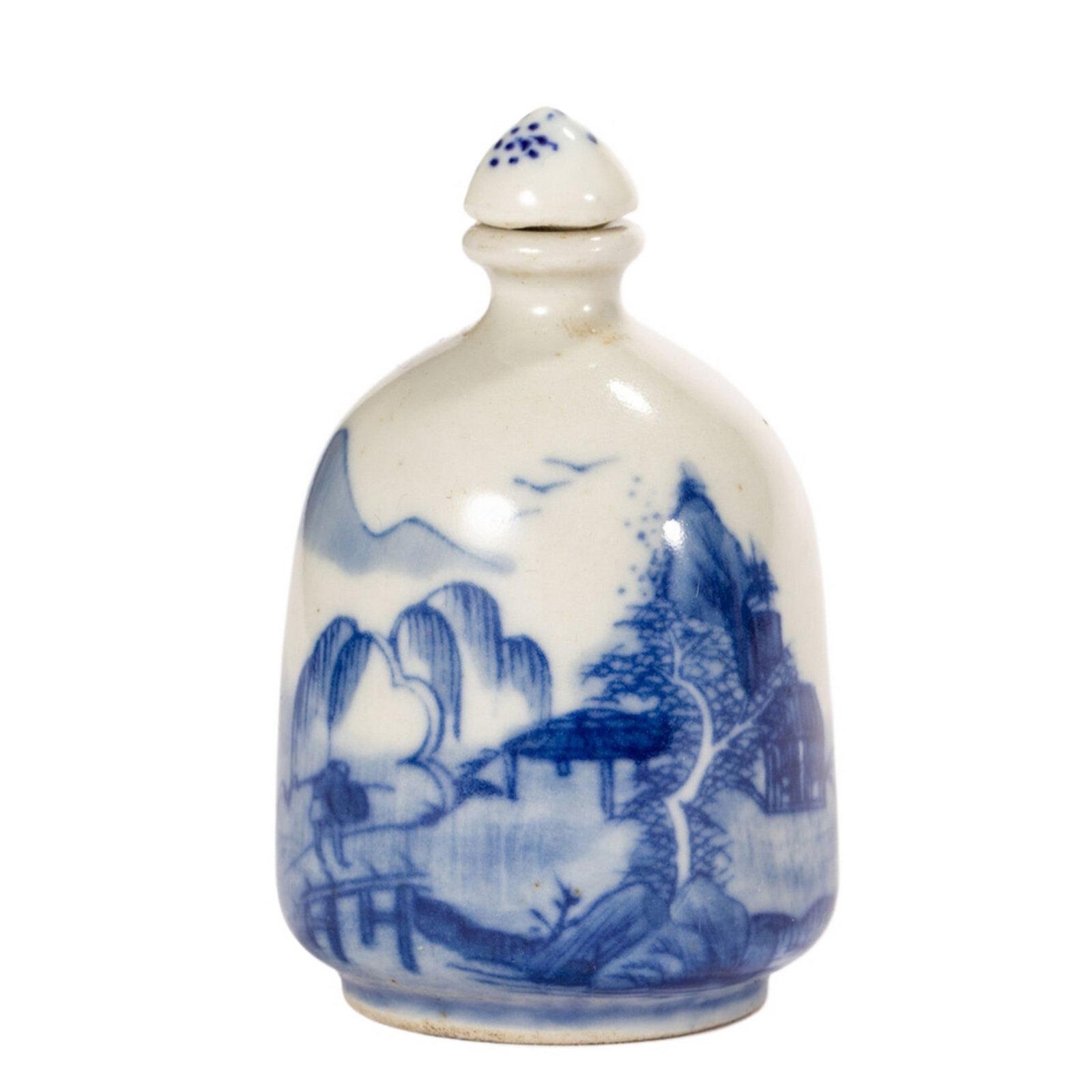 A BLUE AND WHITE LANDSCAPE SNUFF BOTTLE: 青花山水鼻烟壶 A blue and white landscape snuff bottle Ht.6.5cm