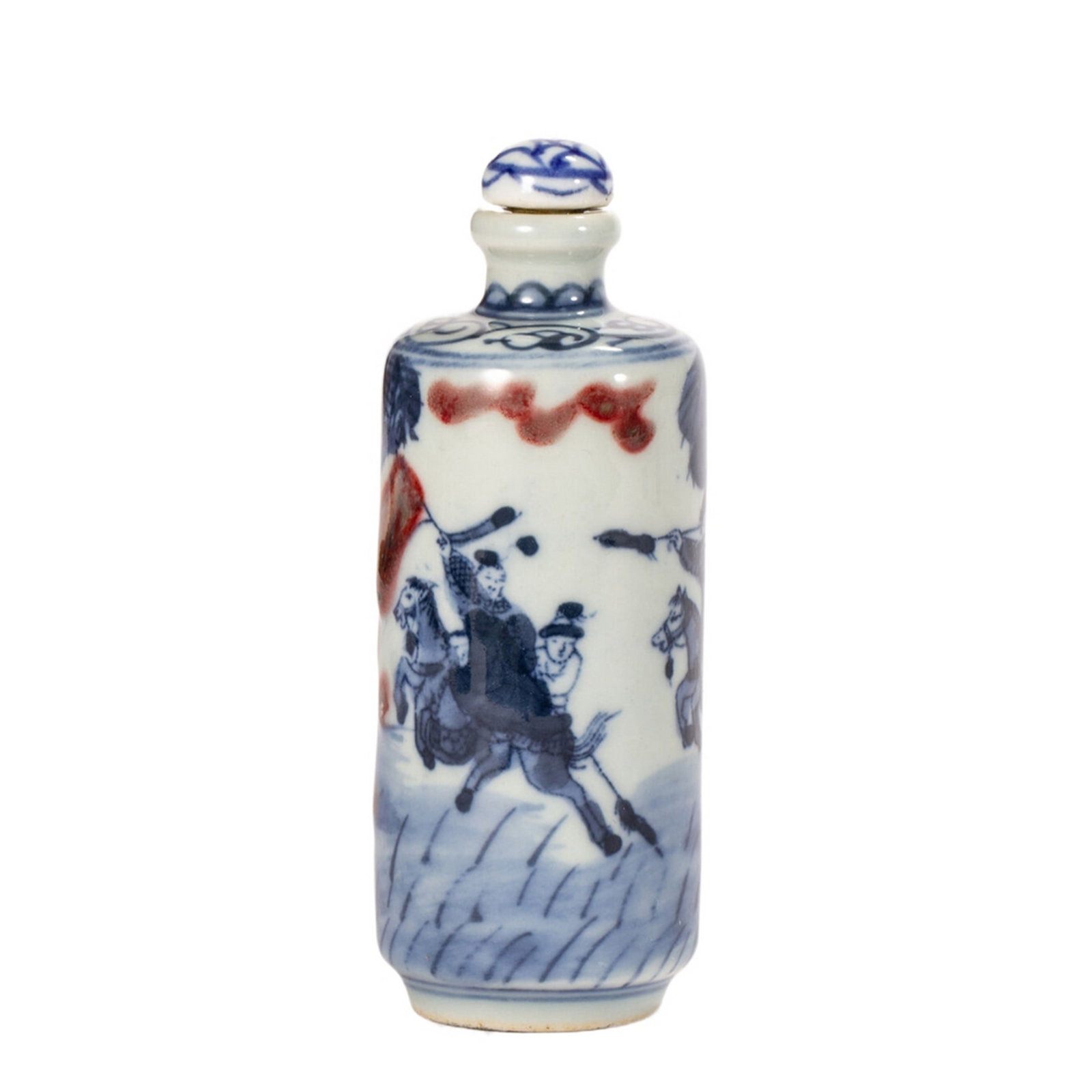 A BLUE AND WHITE LANDSCAPE SNUFF BOTTLE: 青花人物鼻烟壶 A blue and white landscape snuff bottle Ht.9cm
