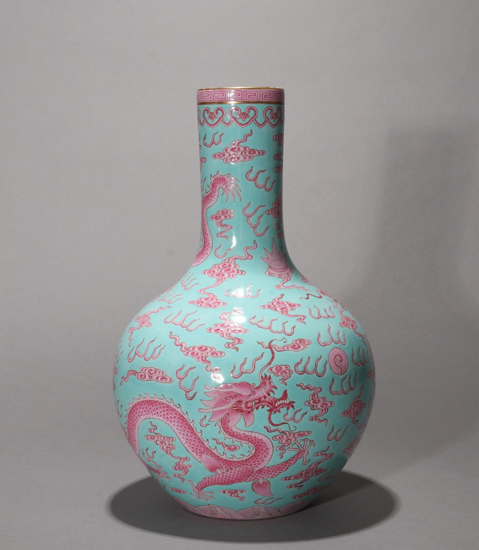 A TURQUOISE-GROUND RUBY ENAMEL DRAGON VASE - 5