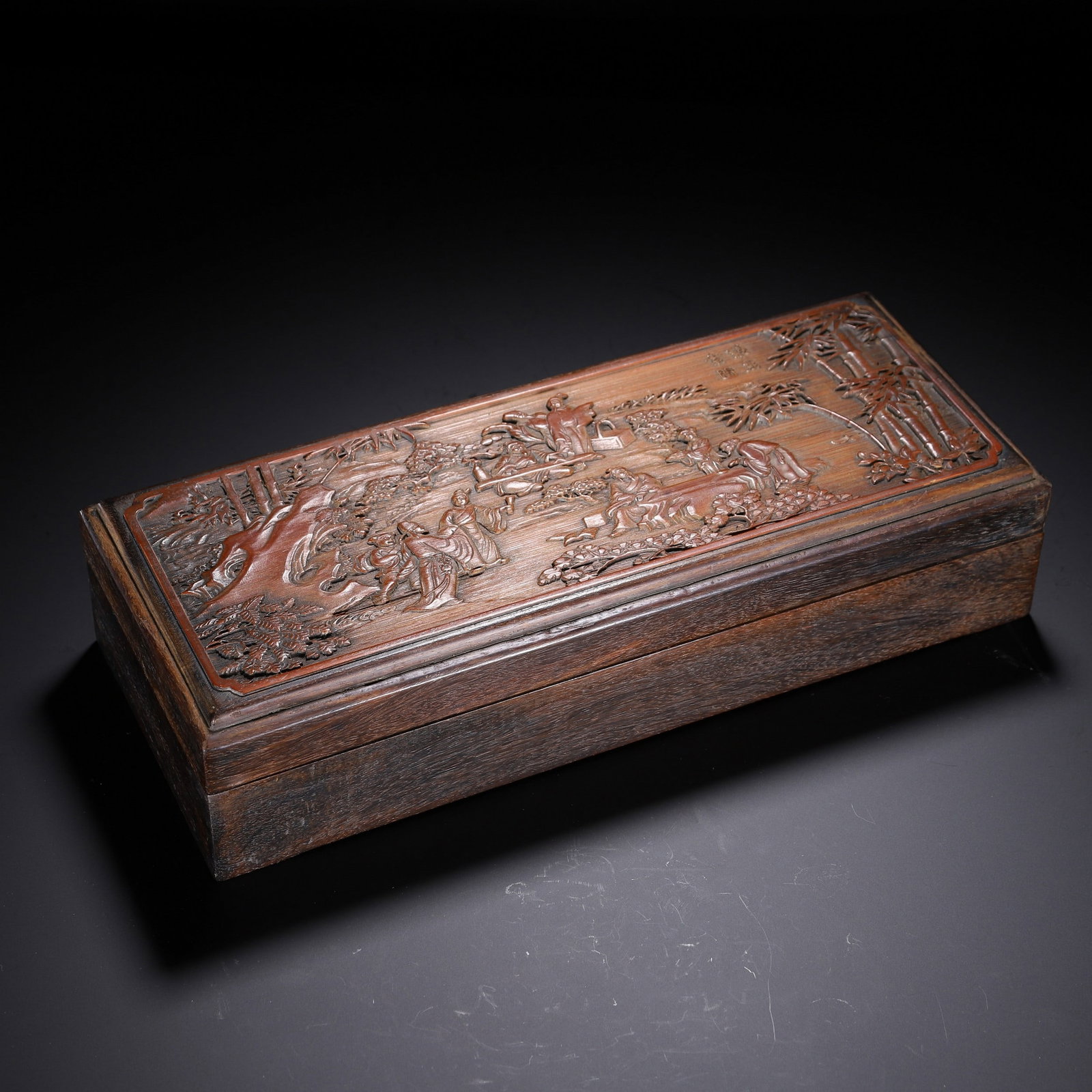 A YELLOW PEAR BAMBOO CARVING BOX: 清 黄花梨竹雕盒 A yellow pear bamboo carving box 30×12×6.5cm