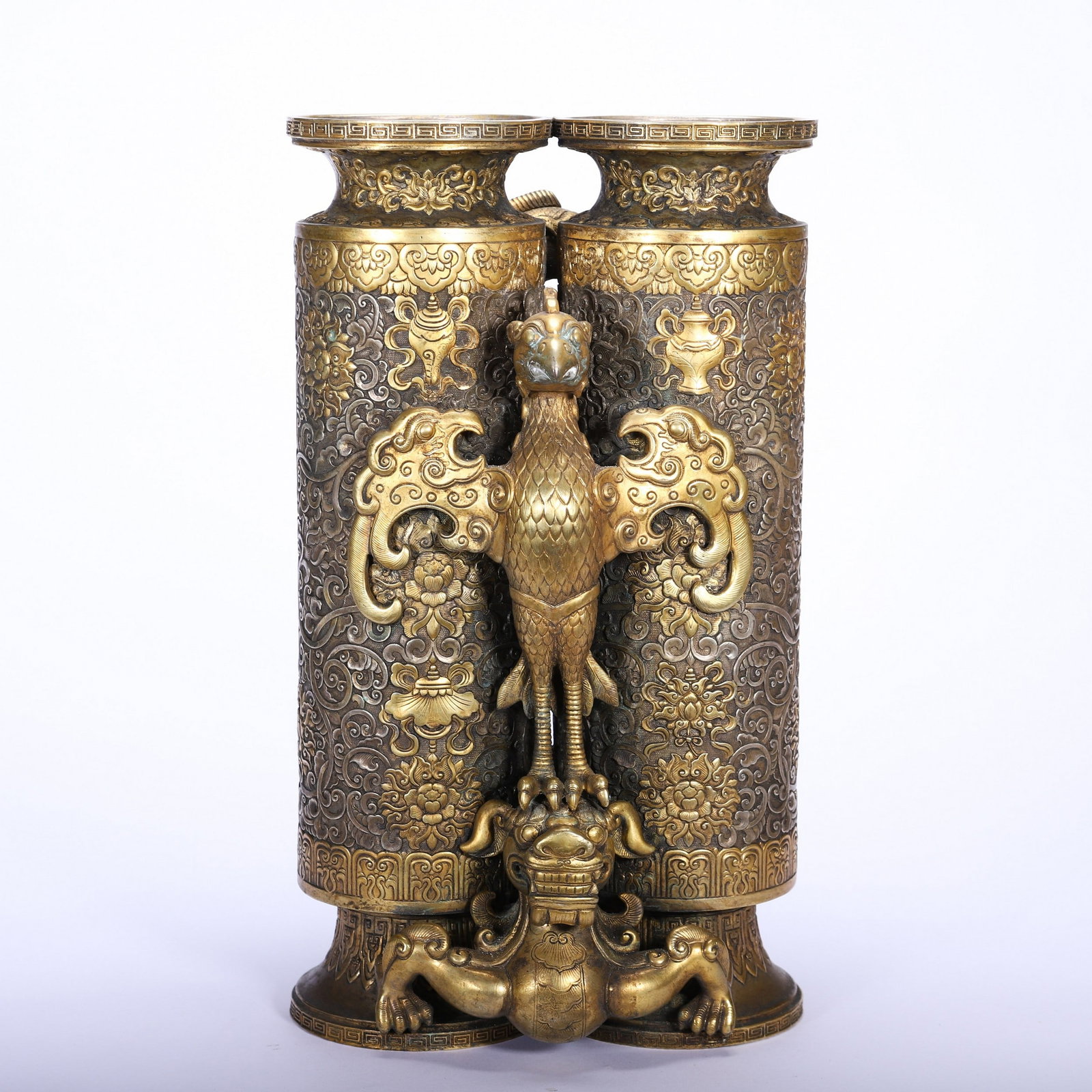 A COPPER GILDING ORNAMENT: 清 铜鎏金摆件 A copper gilding ornament Ht.31cm