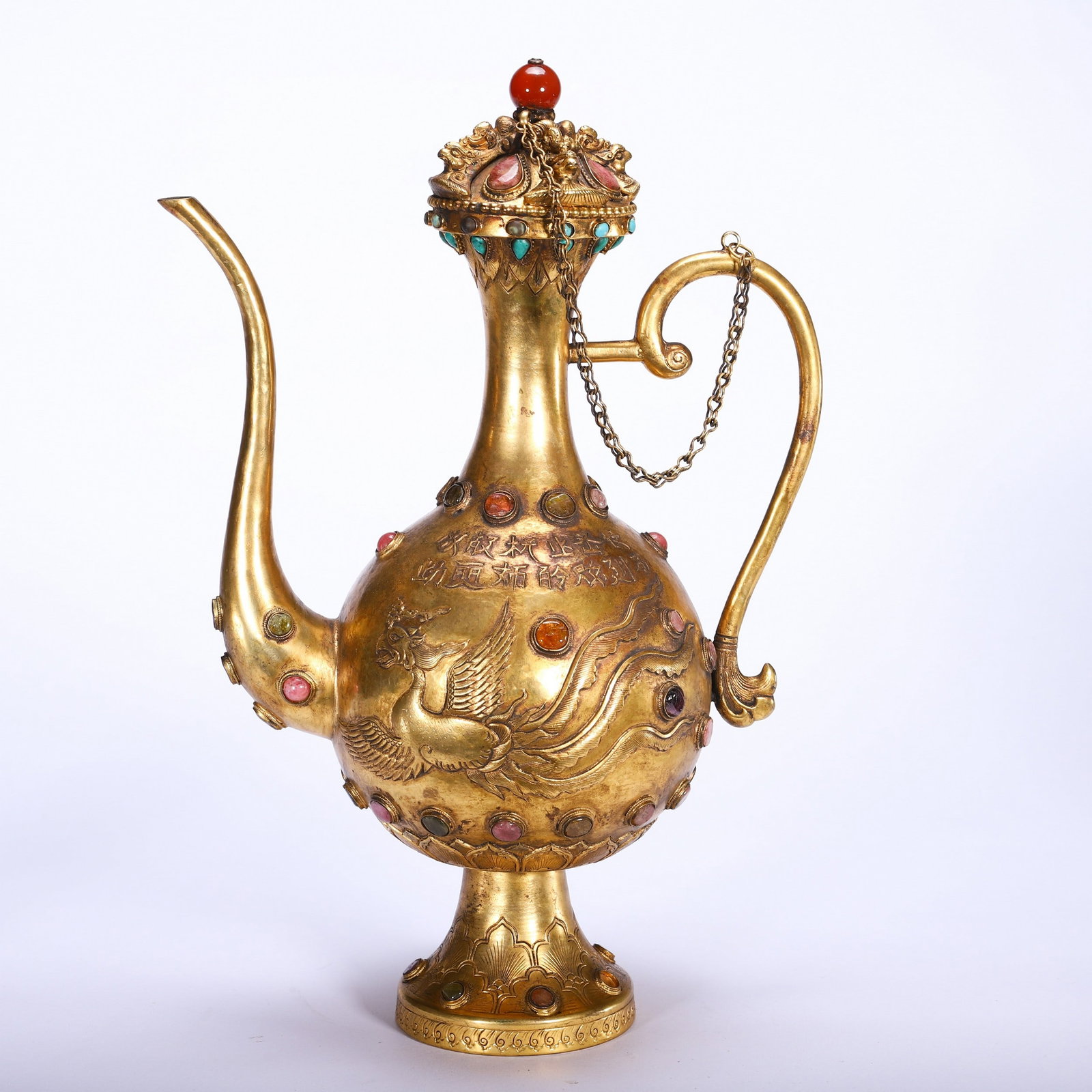 A COPPER GILDING EWER: 清 铜鎏金嵌百宝执壶 A copper gilding ewer Ht.30cm