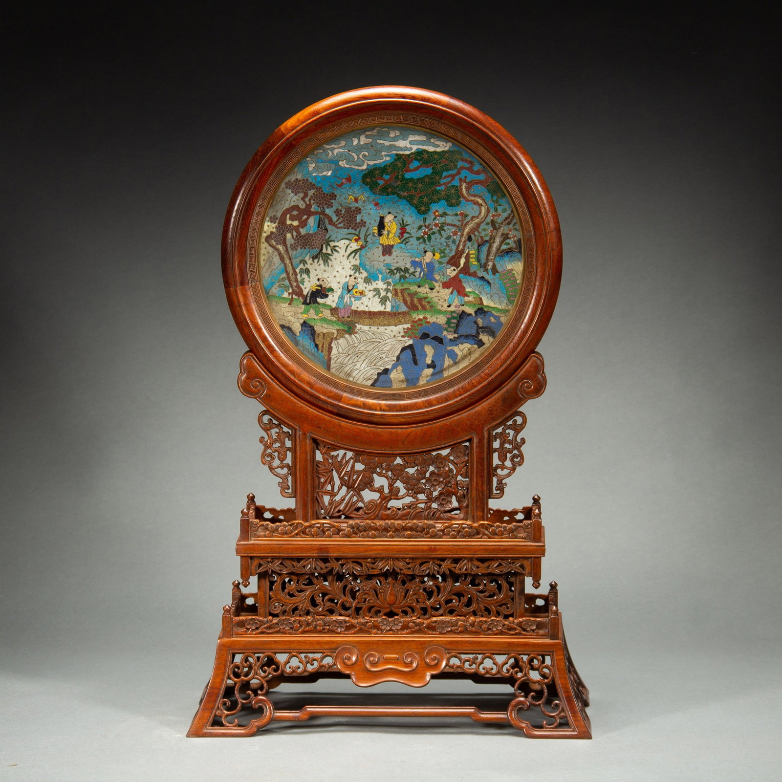 A HUANGHUALI SCREEN: 清 黄花梨嵌景泰蓝插屏 A huanghuali screen Ht.56cm