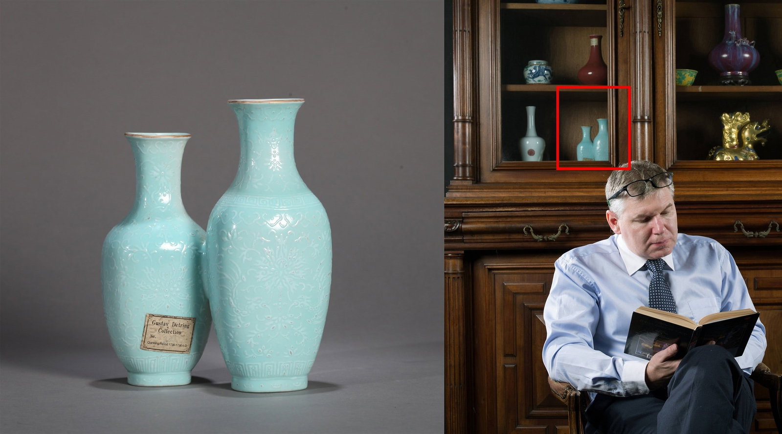 A TURQUOISE-GROUND FLORAL VASE: 清乾隆 松石绿地堆白双联瓶 A turquoise-ground floral vase Ht.18.5CM