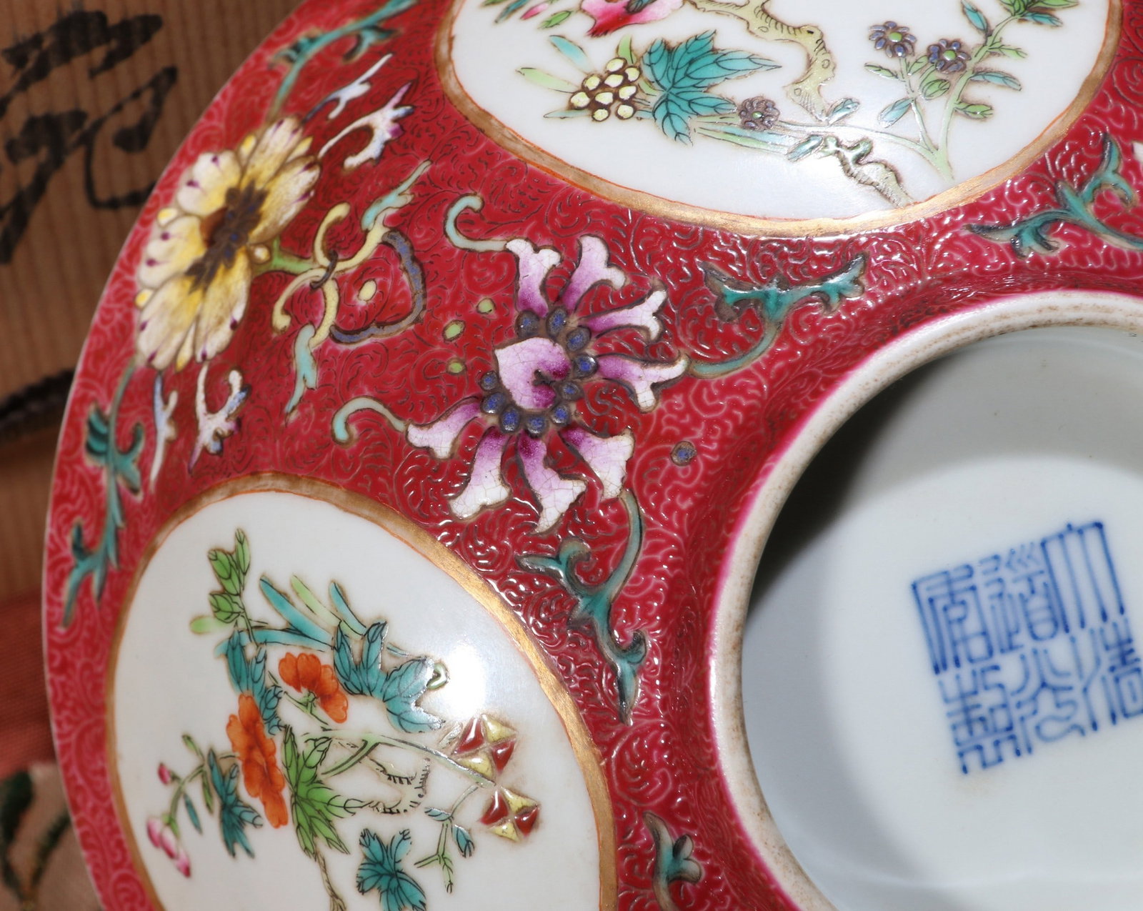 A RUBY-GROUND FLORAL BOWL - 5