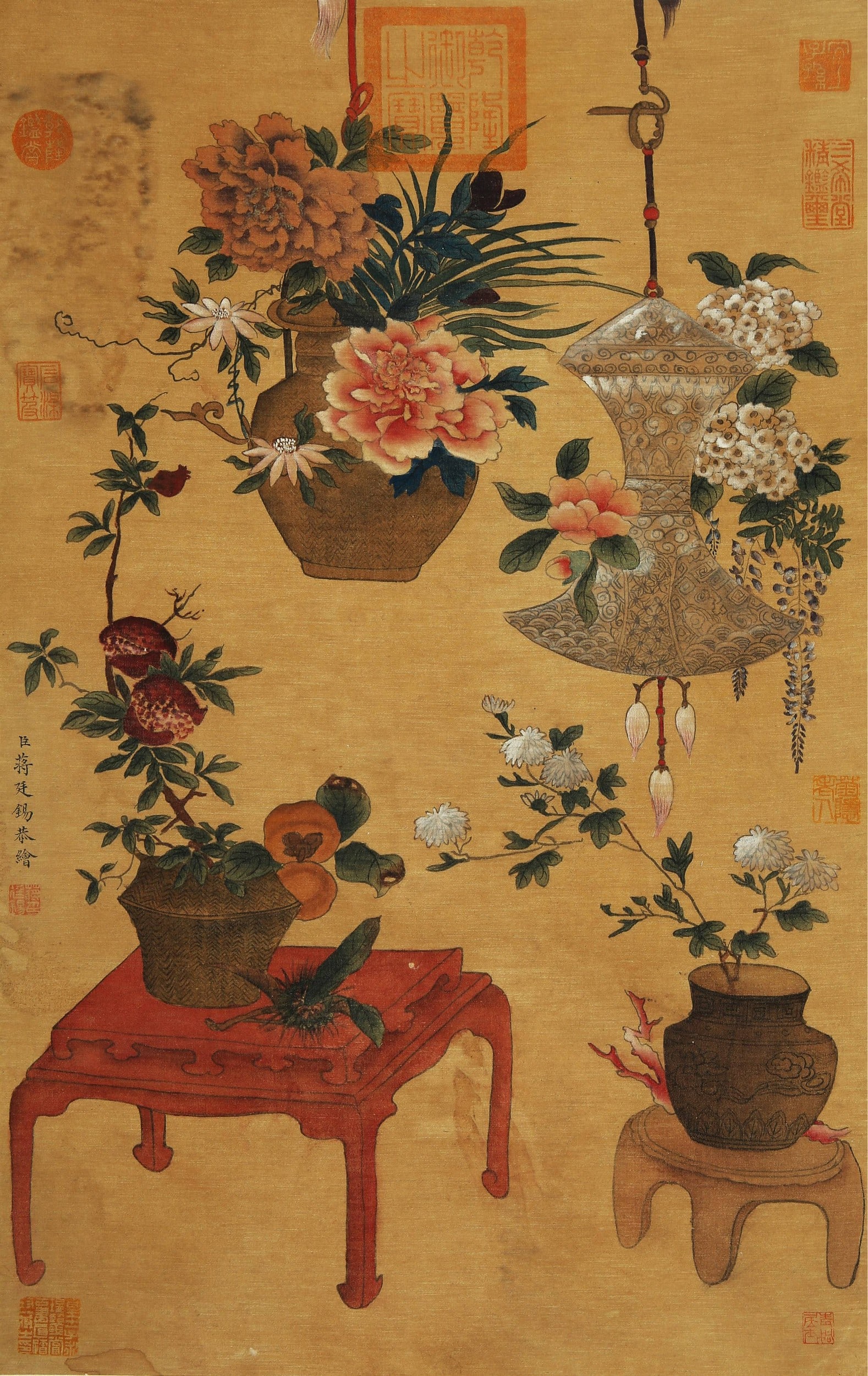 JIANG TINGXI ATTRIBUTED TO,ELEGANT OFFERINGS: 蒋廷锡 清供 绢本立轴 Jiang Tingxi attributed to,Elegant Offerings 65×41