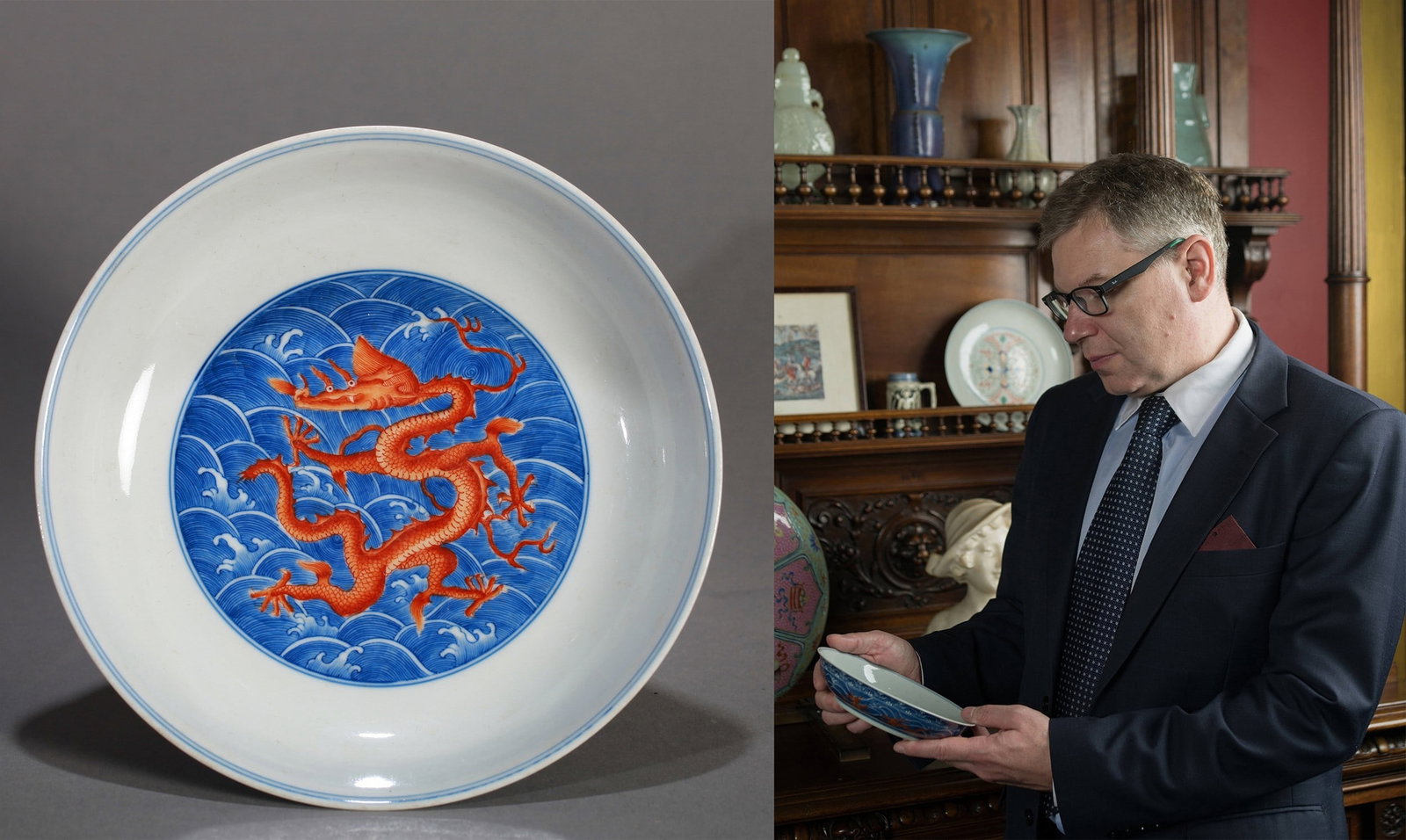 A BLUE AND WHITE IRON-RED DRAGON DISH: 清乾隆 青花矾红海水龙纹盘 A blue and white iron-red dragon dish Diam.18CM