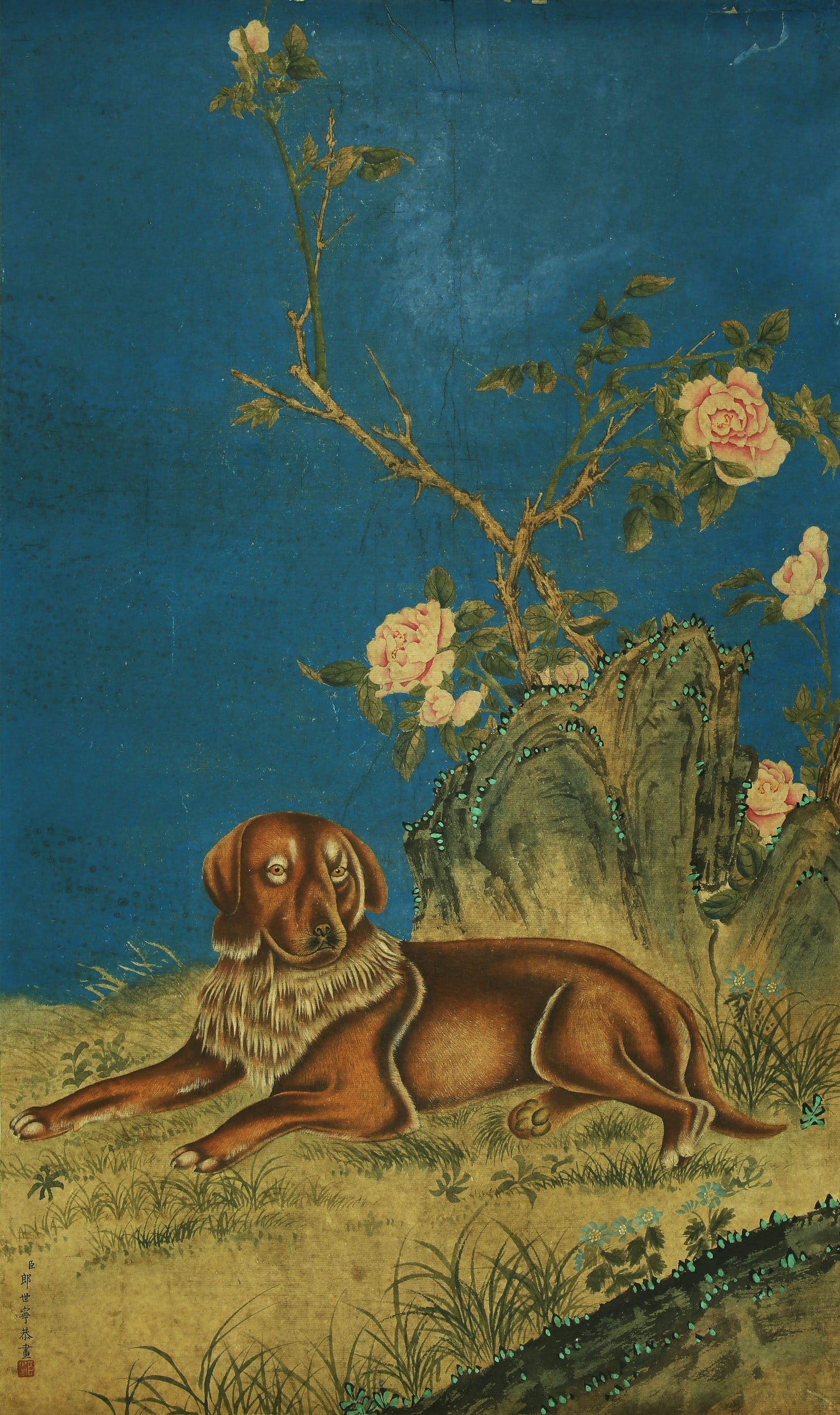 LANG SHINING ATTRIBUTED TO,DOG: 郎世宁 犬 纸本立轴 Lang Shining attributed to,dog 72×43