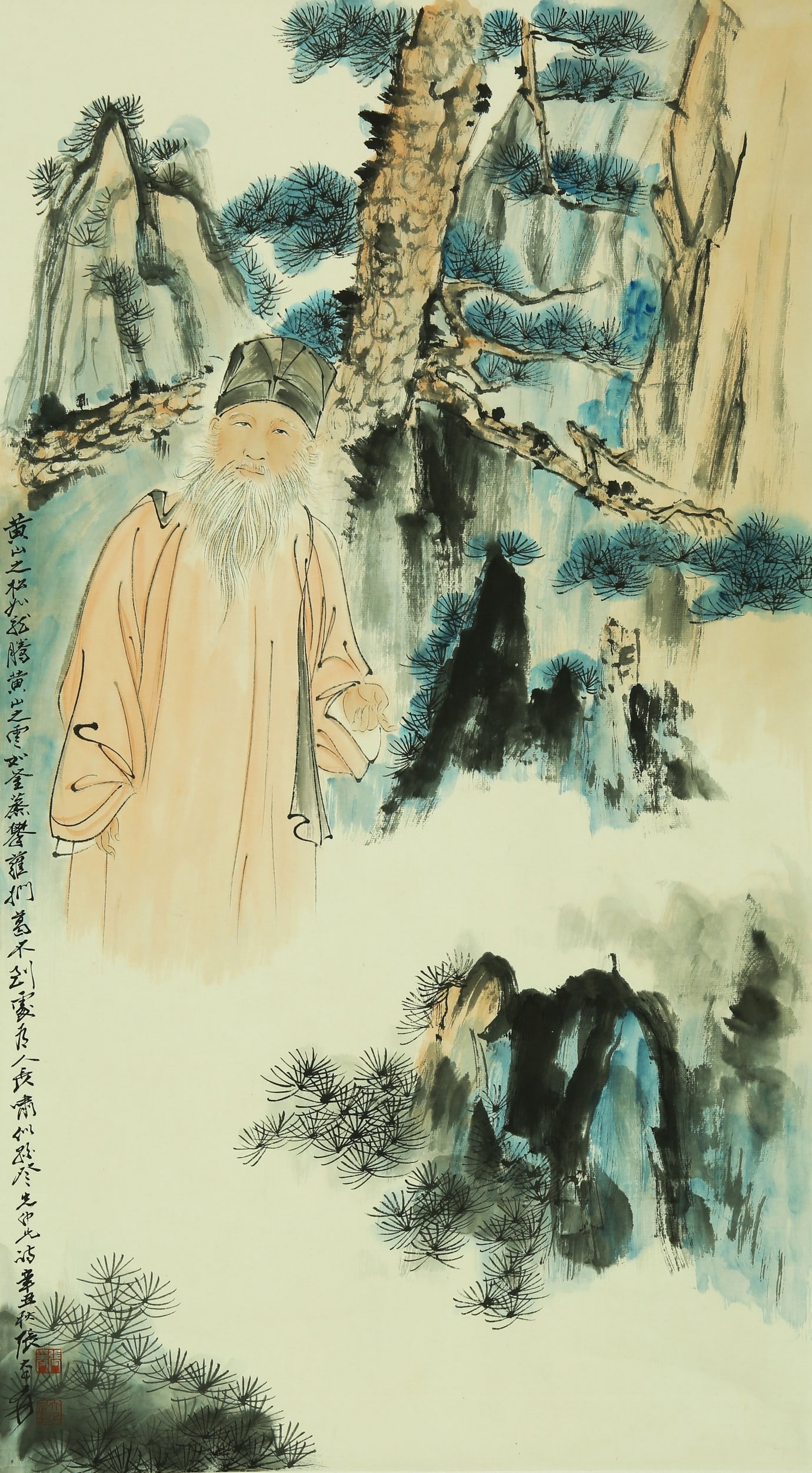 ZHANG DAQIAN ATTRIBUTED TO,HUANGSHAN PINE: 张大千 黄山松云 纸本立轴 Zhang Daqian attributed to,Huangshan pine 80×44