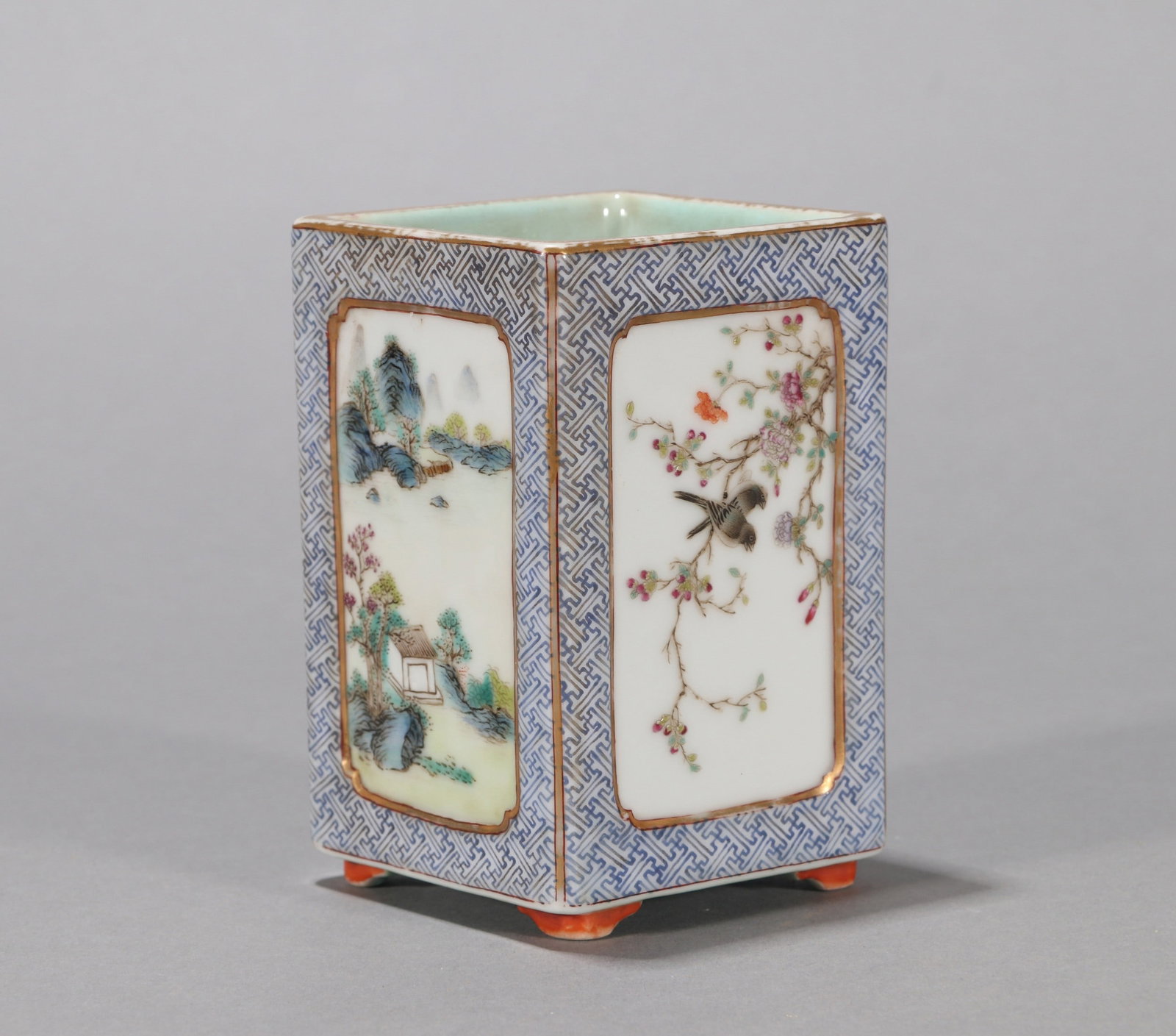 A FAMILLE-ROSE FLOWER AND BIRD BRUSH POT: 乾隆 粉彩开光花鸟四方笔筒 A famille-rose flower and bird brush pot 6.5x6.5x10cm