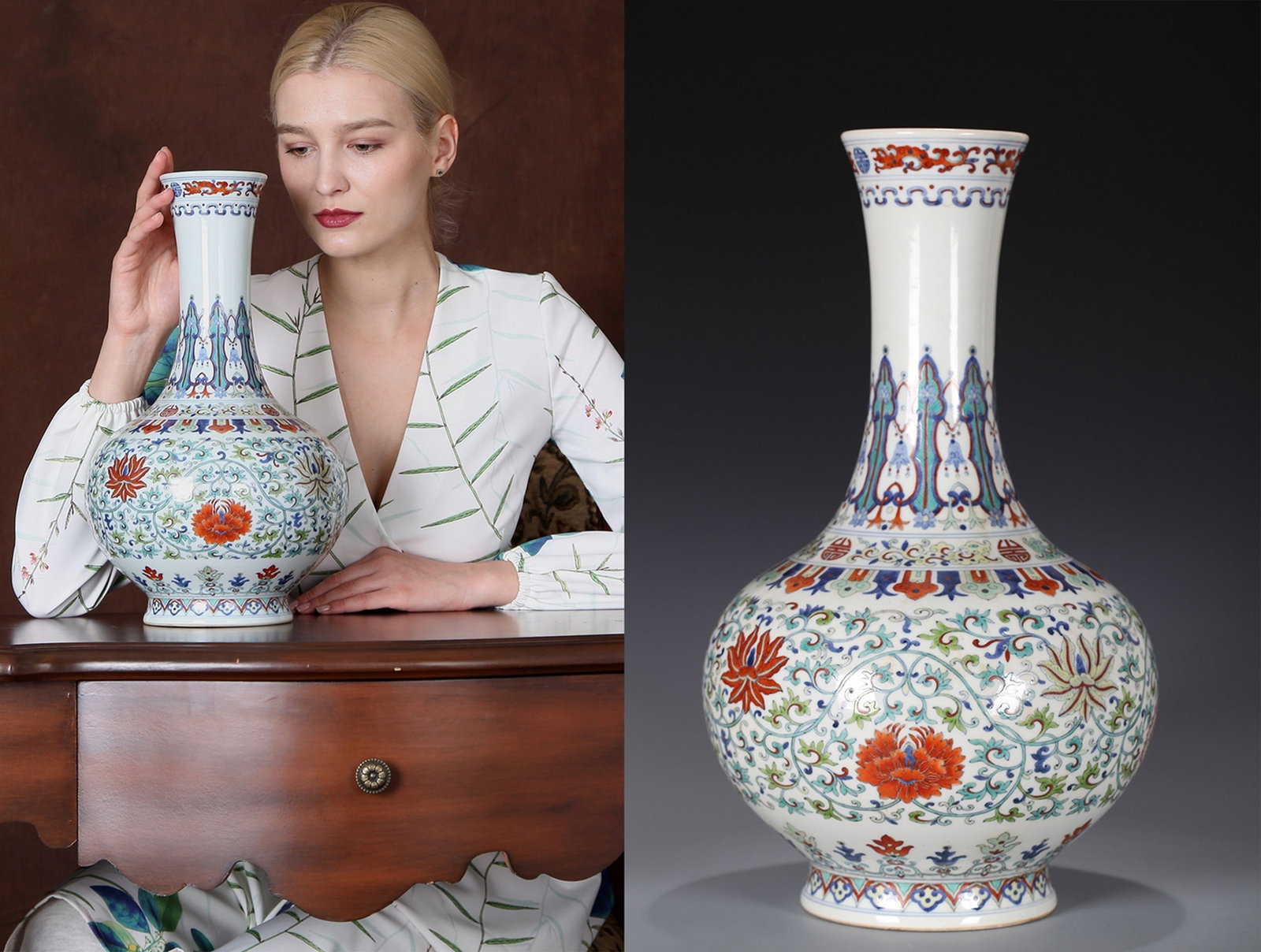 A DOUCAI FLORAL PATTERNED PORCELAIN VASE: 清 斗彩缠枝花卉纹赏瓶 A doucai floral patterned porcelain vase Ht.39CM