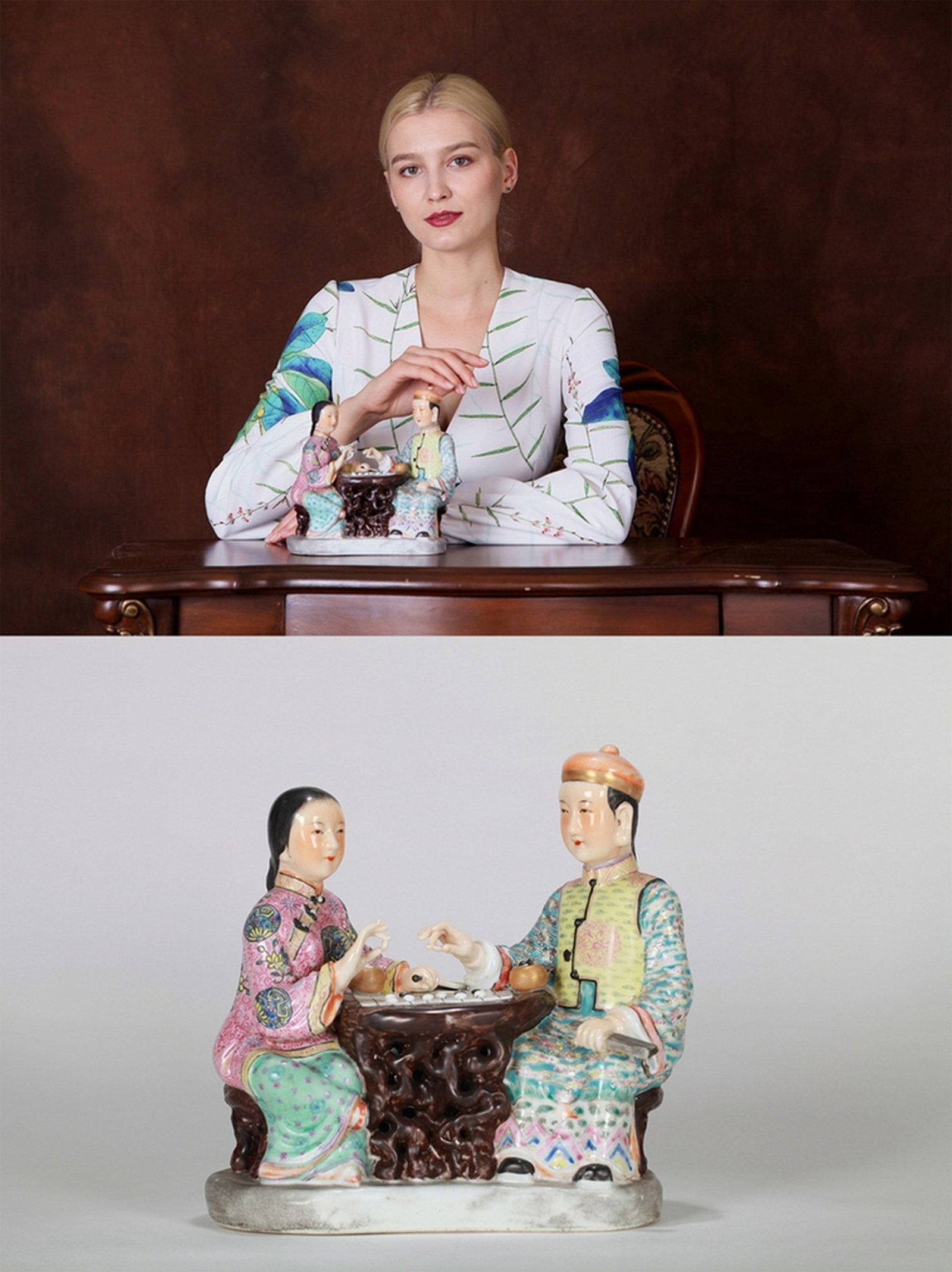 A FAMILLE-ROSE SCULPTURE: 清 粉彩对弈人物摆件 A famille-rose sculpture Ht.19CM