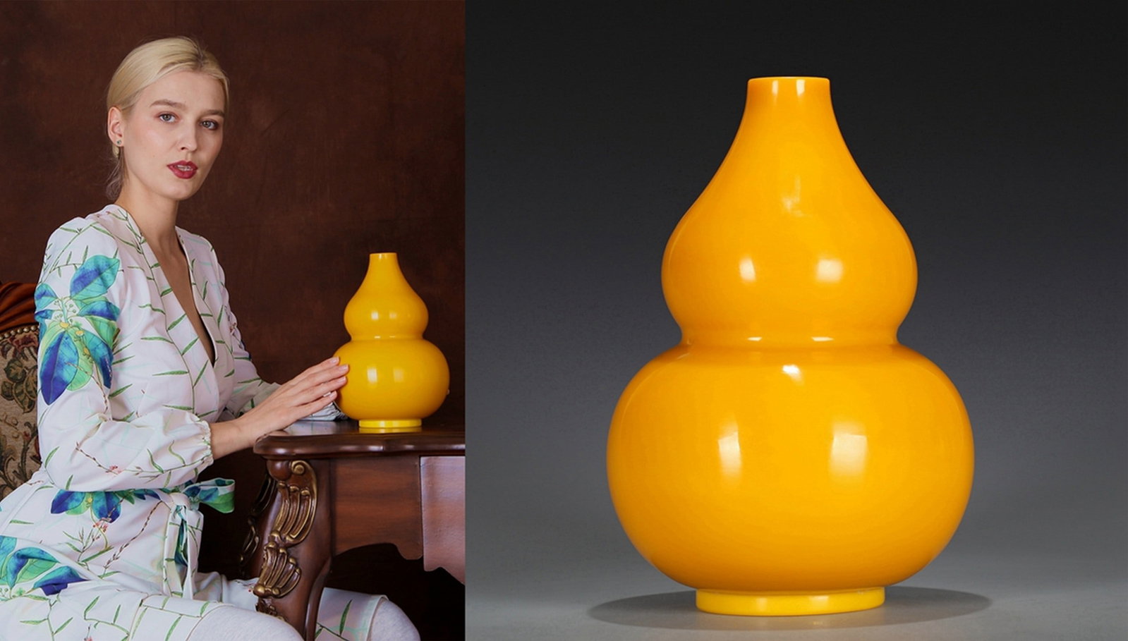 A YELLOW GLASS GOURD BOTTLE: 清 鸡油黄料葫芦瓶 A yellow glass gourd bottle Ht.25CM