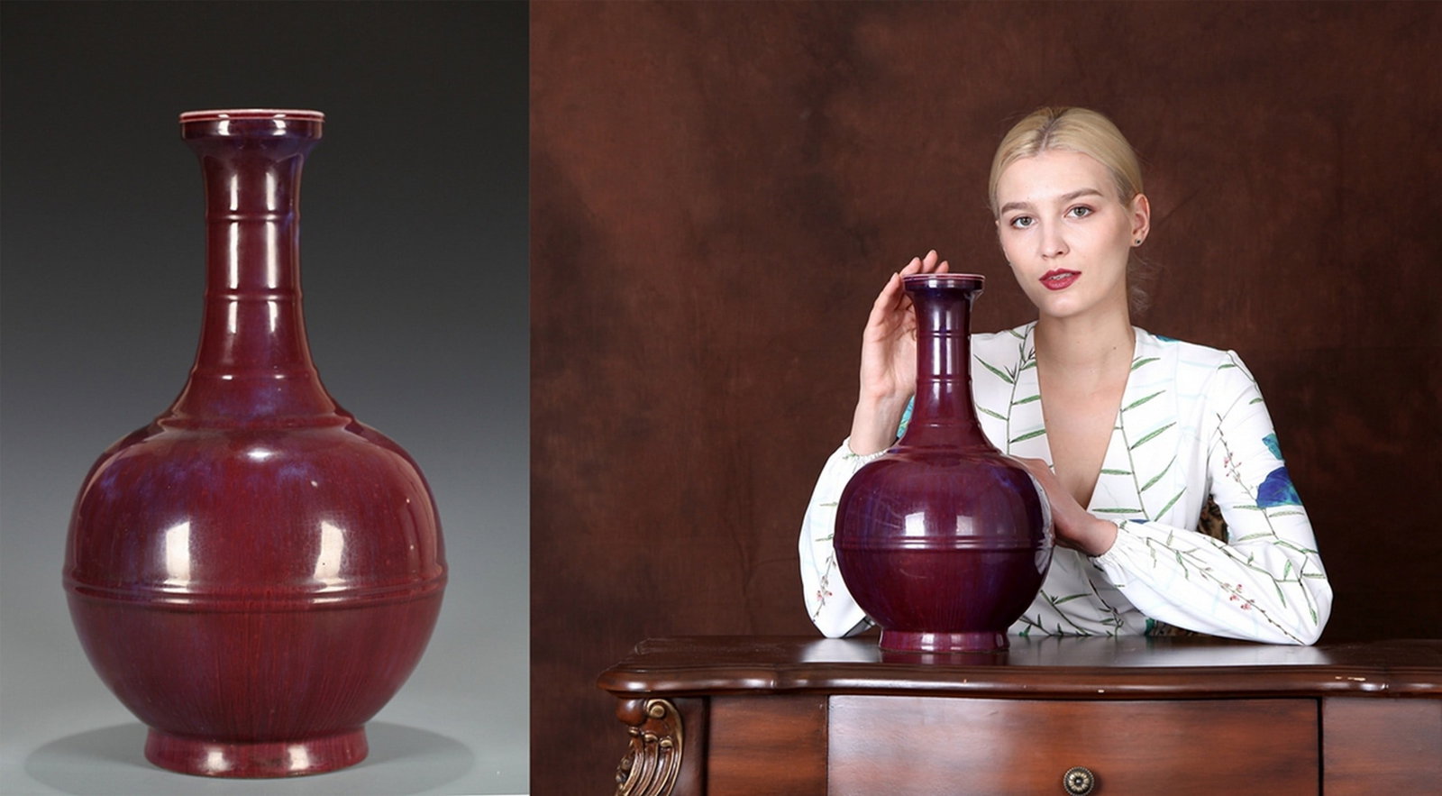 A RED PORCELAIN VASE: 清 窑变釉弦纹长颈瓶 A red porcelain vase Ht.38CM