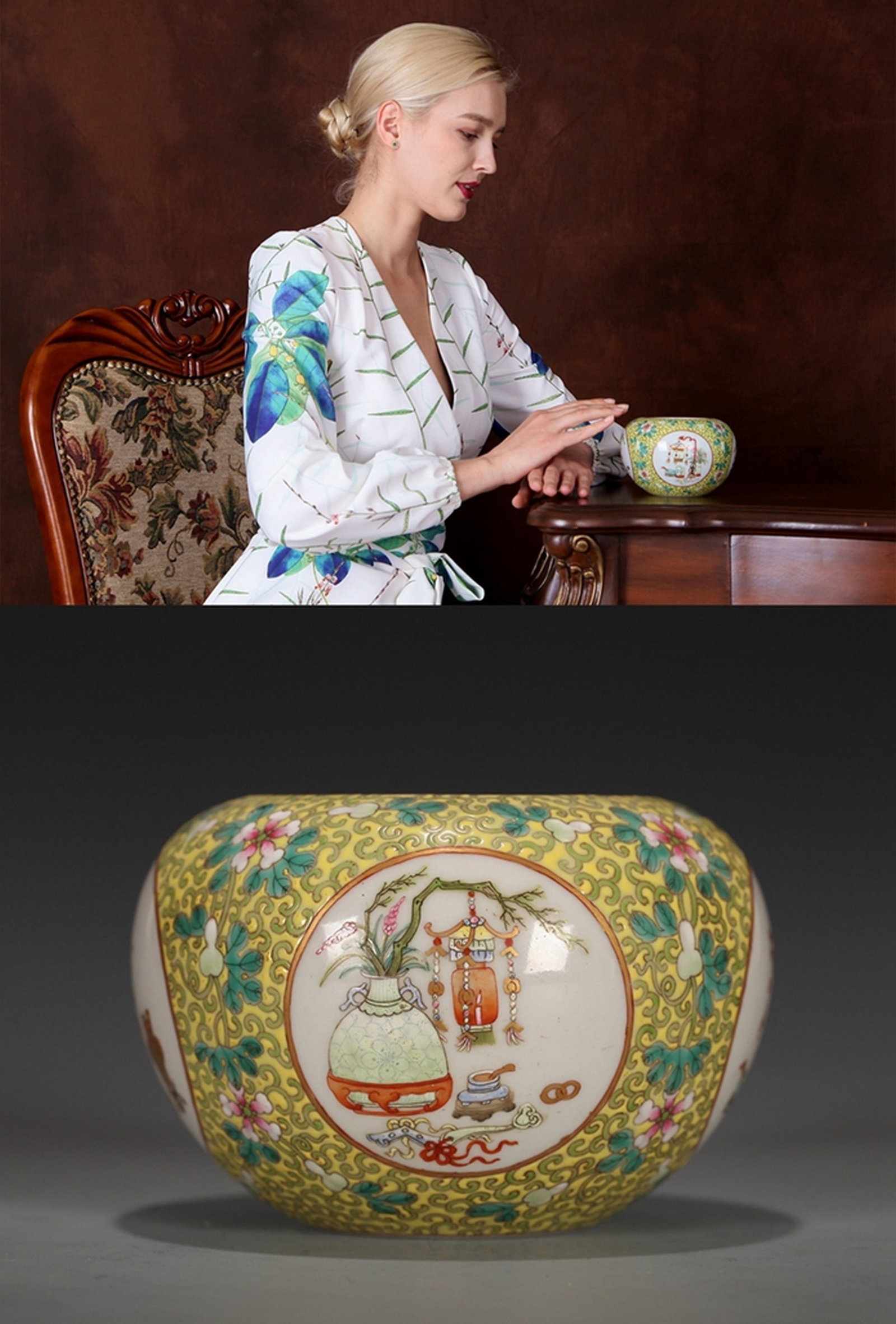 A YELLOW GROUND FAMILLE-ROSE FLOWER PATTERNED SMALL JAR: 清 粉彩苹果尊 A yellow ground famille-rose flower patterned small jar Diam.10CM