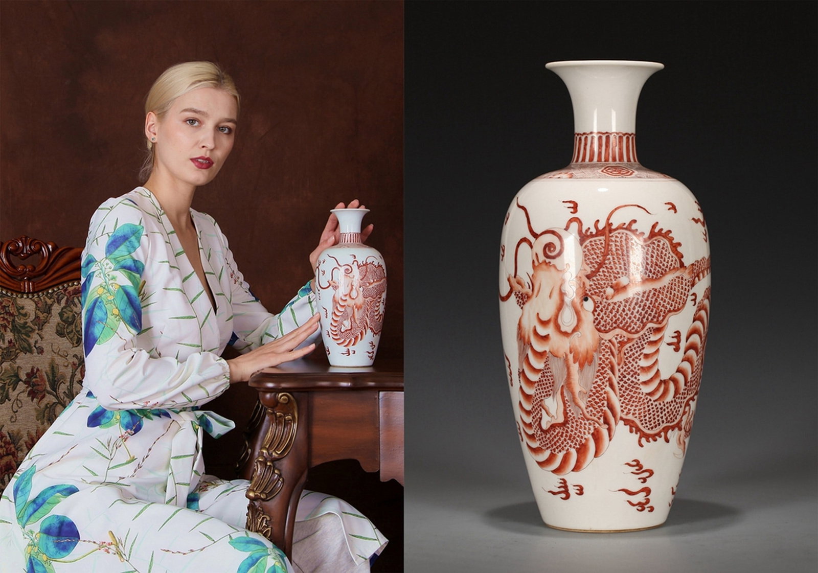 AN IRON-RED DRAGON PATTERNED PORCELAIN VASE: 清 矾红龙纹莱芙瓶 An iron-red dragon patterned porcelain vase Ht.29CM
