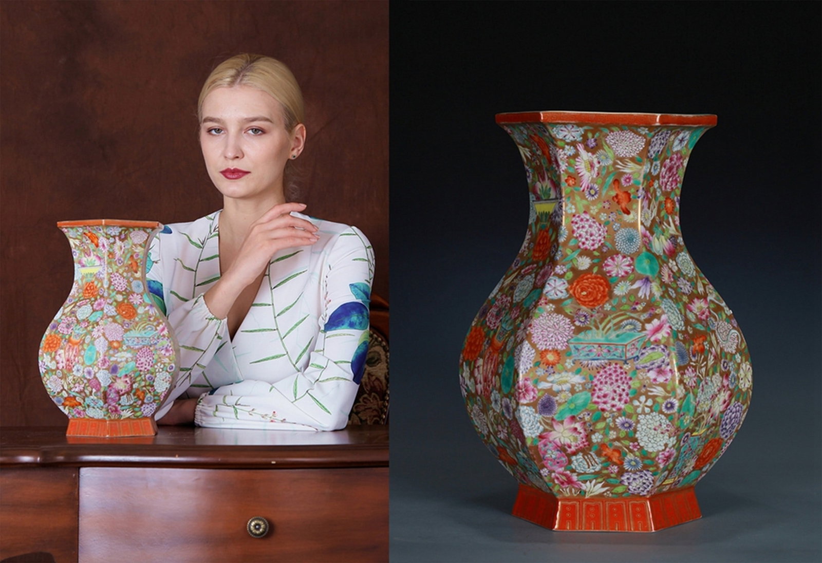 A FAMILLE-ROSE HEXAGONAL FLORAL PORCELAIN VASE: 清 金地粉彩万花六方尊 A famille-rose hexagonal floral porcelain vase Ht.31CM
