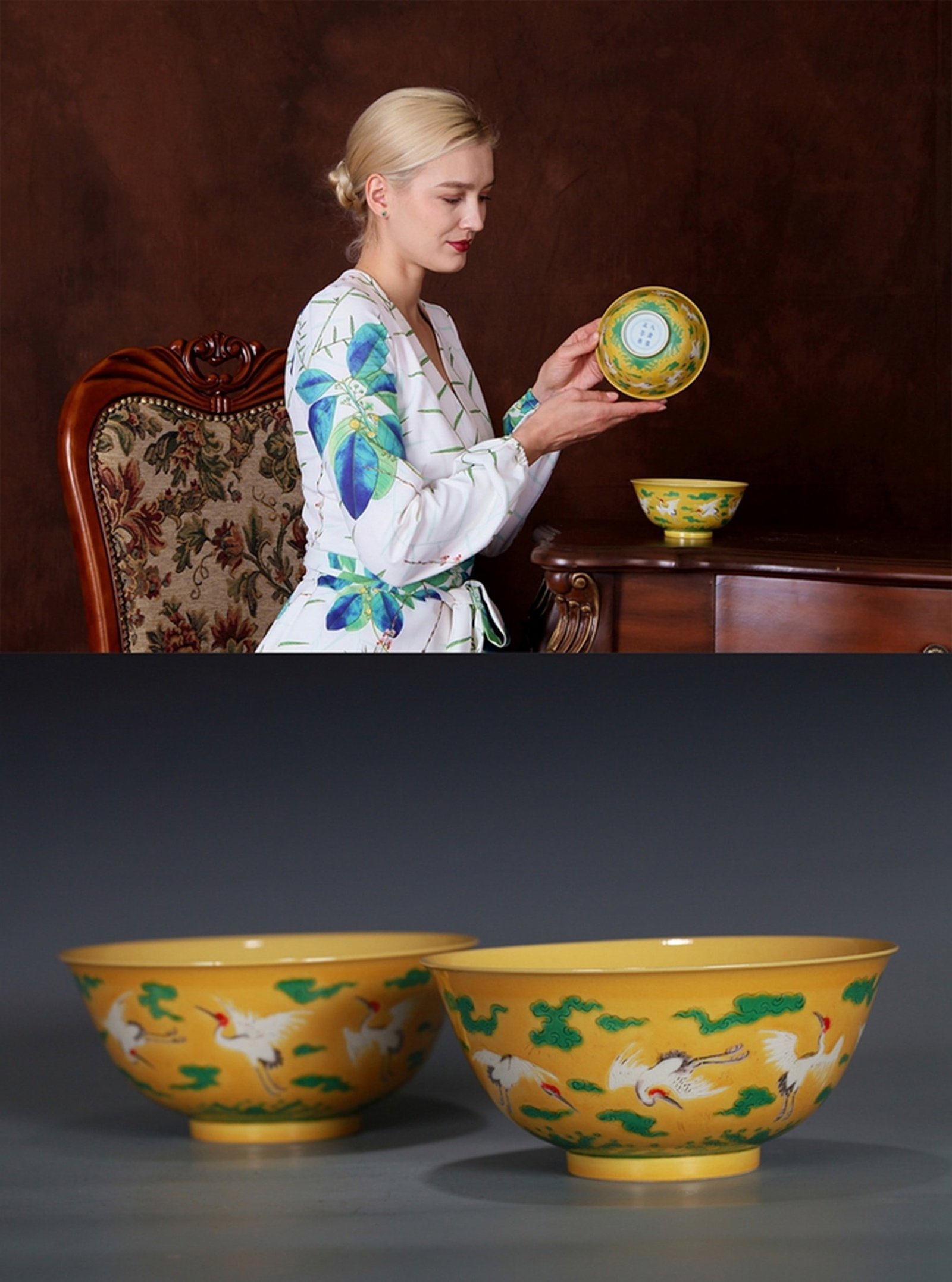 A PAIR OF YELLOW GROUND FAMILLE-ROSE CRANE BOWLS: 清 黄地素三彩仙鹤纹碗一对 A pair of yellow ground famille-rose crane bowls Diam.15CM Ht.7CM