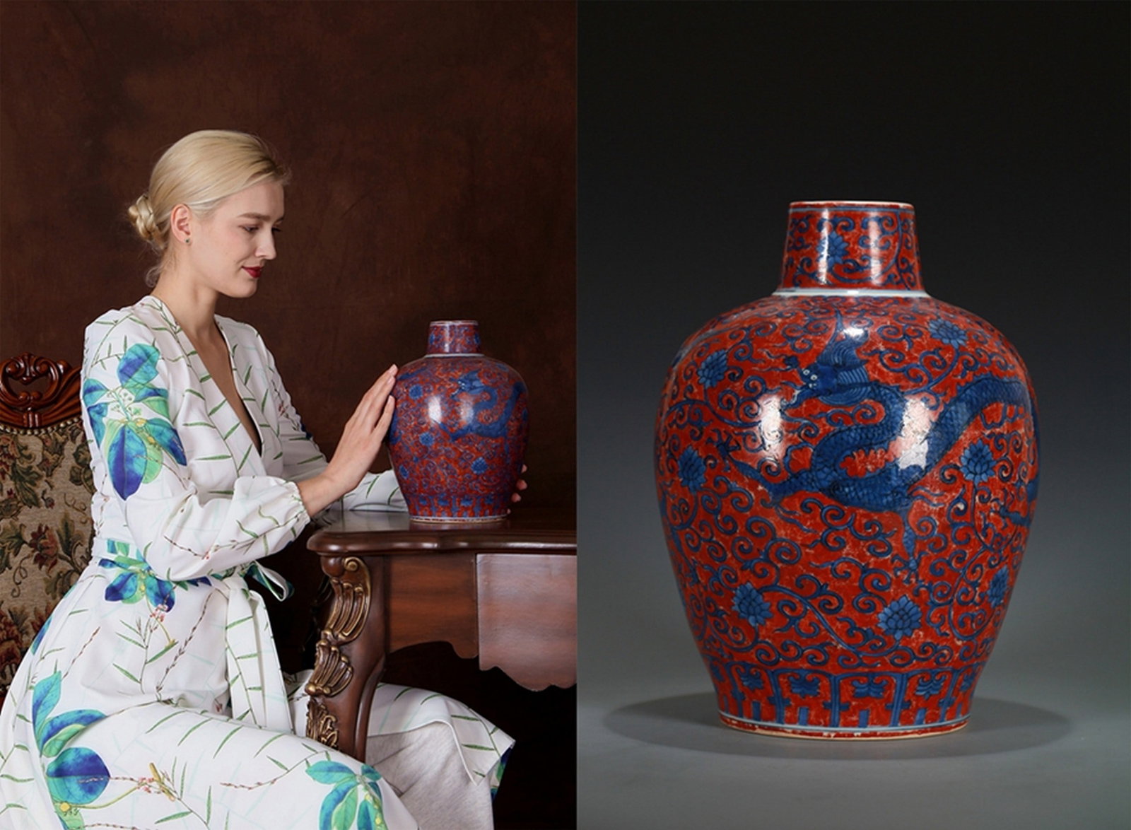 A RED GROUND BLUE AND WHITE DRAGON PATTERNED PORCELAIN VASE: 明 青花矾红龙纹梅瓶 A red ground blue and white dragon patterned porcelain vase Ht.26CM