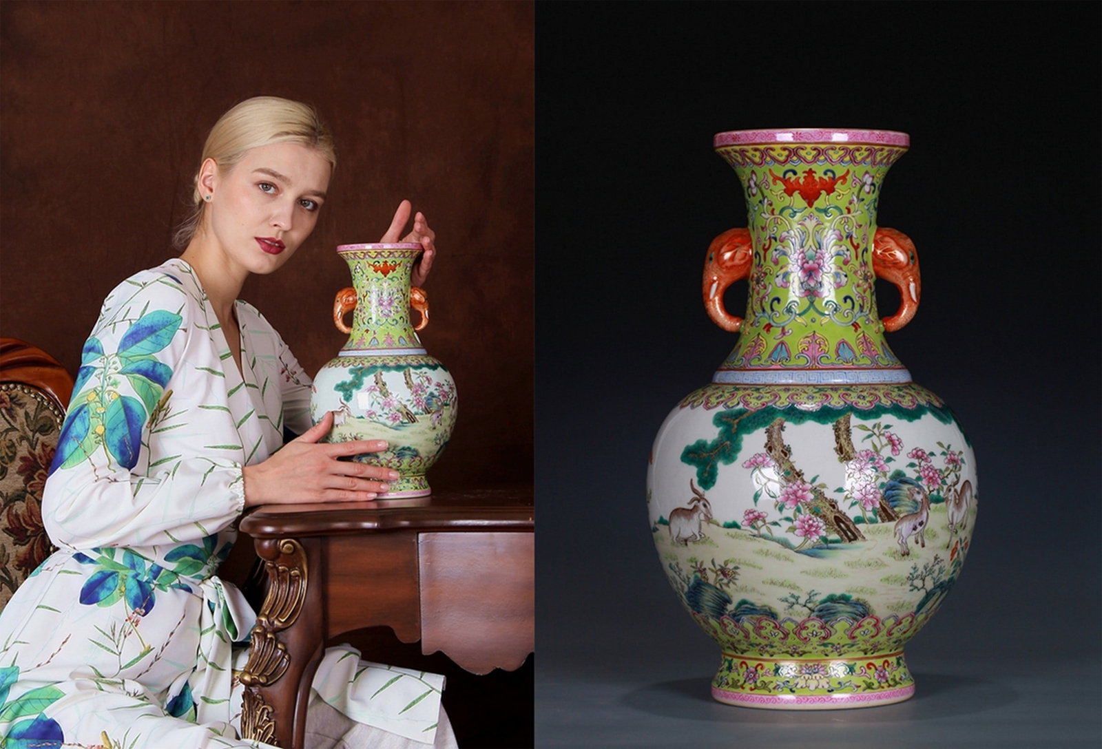 A FAMILLE-ROSE SAN YANG KAI TAI PORCELAIN VASE: 清 粉彩象耳瓶 A famille-rose San Yang Kai Tai porcelain vase Ht.30CM