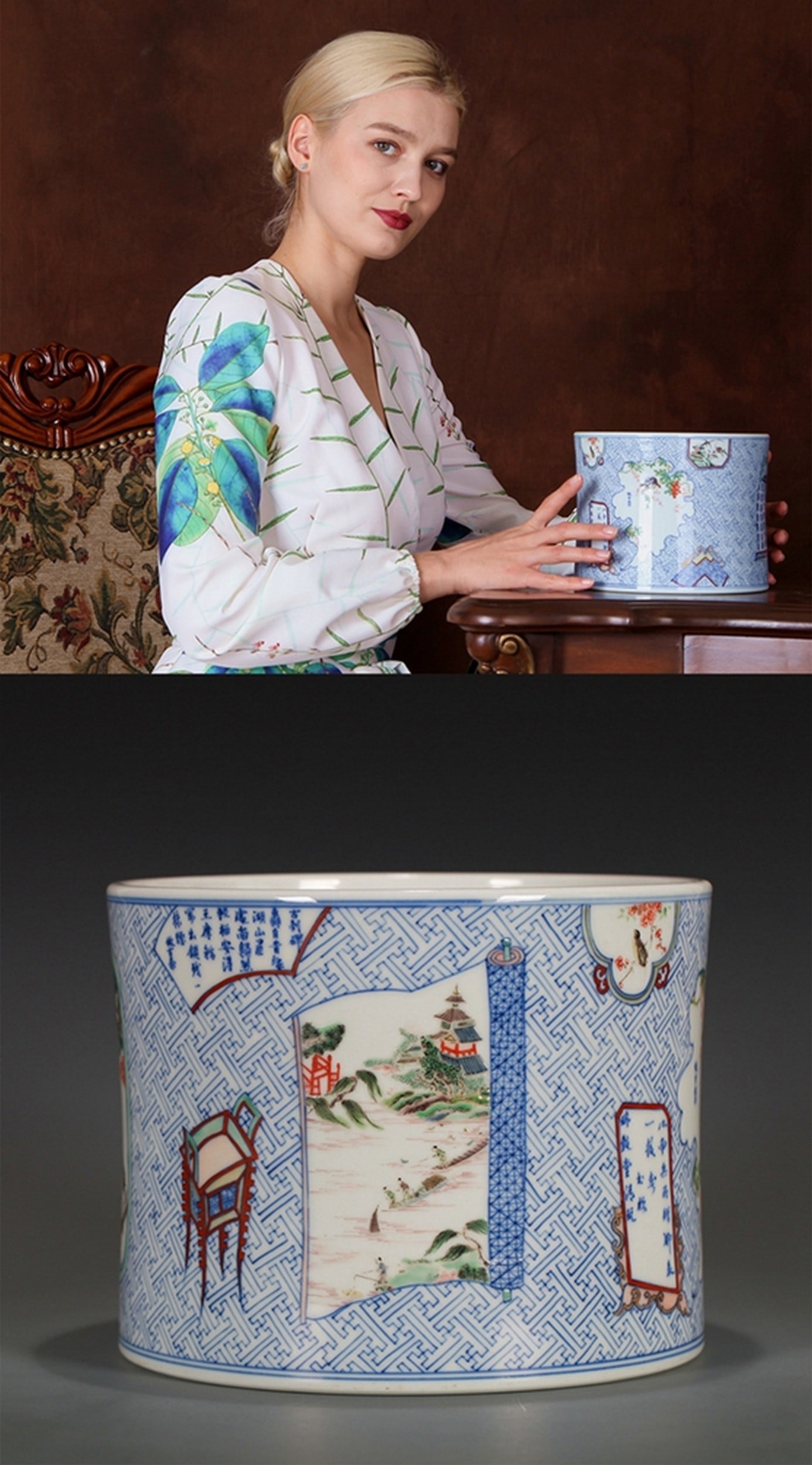 A BLUE AND WHITE PEN HOLDER: 清 青花开光笔筒 A blue and white pen holder Diam.19CM Ht.15CM
