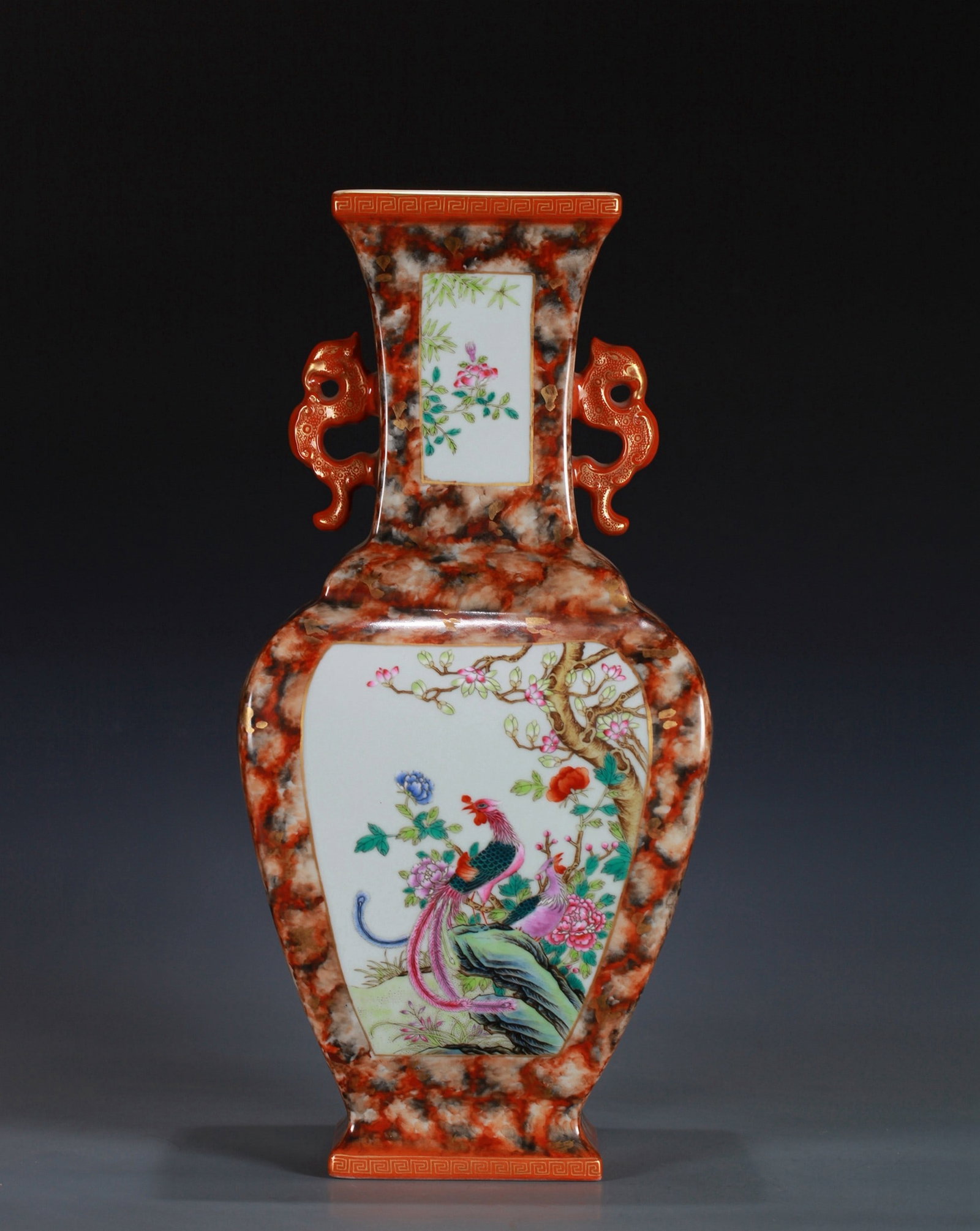 A FAMILLE-ROSE FLOWER AND BIRD PATTERNED SQUARE VASE: 清 石纹釉开光花鸟四方瓶 A famille-rose flower and bird patterned square vase Ht.35CM