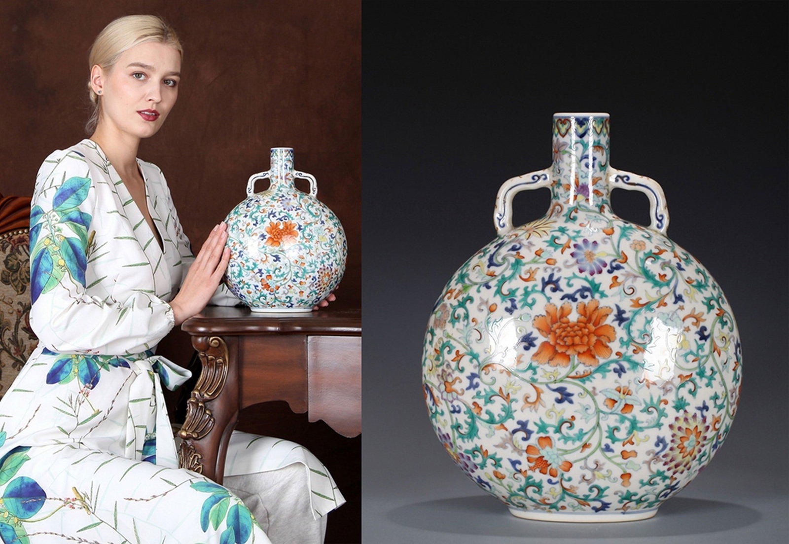 A DOUCAI FLOWER PATTERNED DOUBLE EAR PORCELAIN VASE: 清 斗彩缠枝花卉纹瓶 A doucai flower patterned double ear porcelain vase Ht.30CM