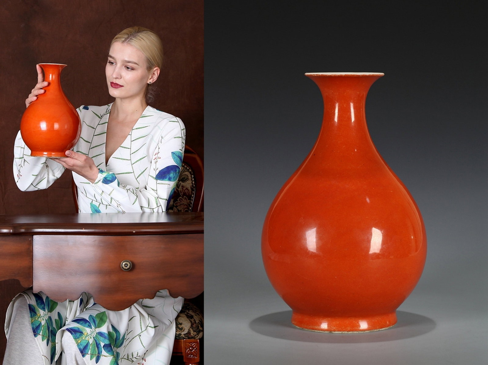 A RED PORCELAIN VASE: 清 霁红釉玉壶春 A red porcelain vase Ht.30CM
