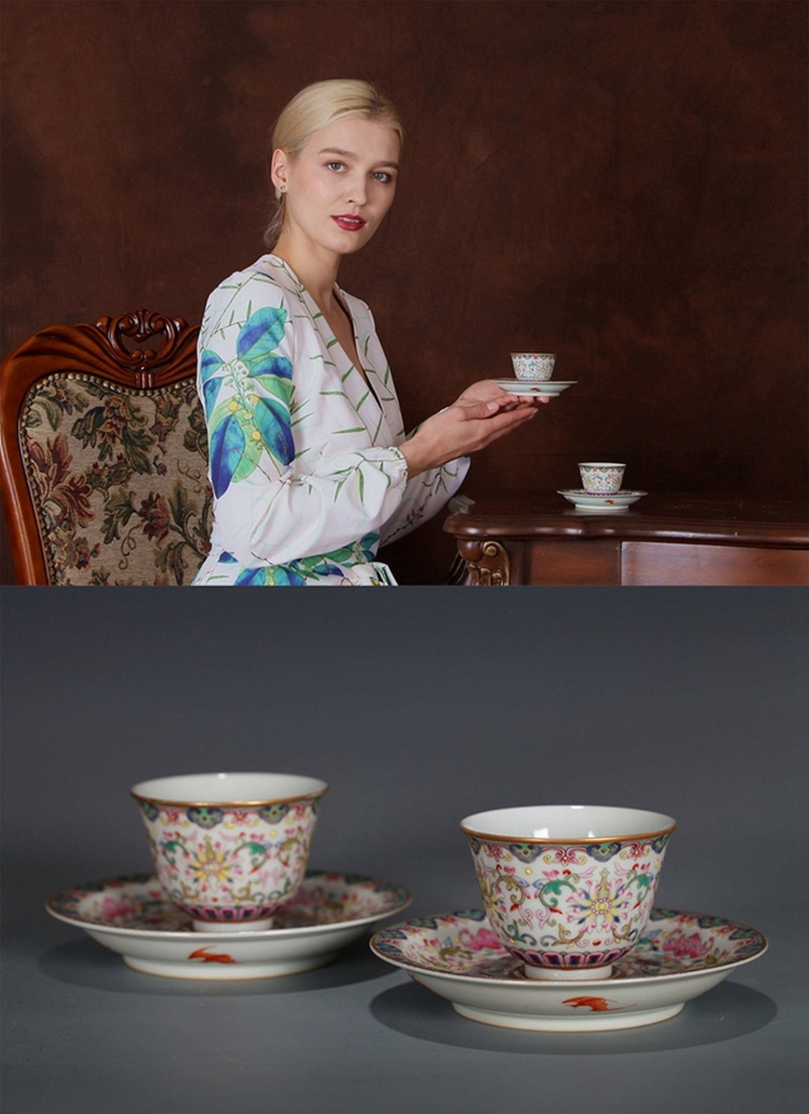 A PAIR OF FAMILLE-ROSE FLOWER PATTERNED CUP: 清 粉彩杯碟一套 A pair of famille-rose flower patterned cup Ht.6cm,Diam.12cm