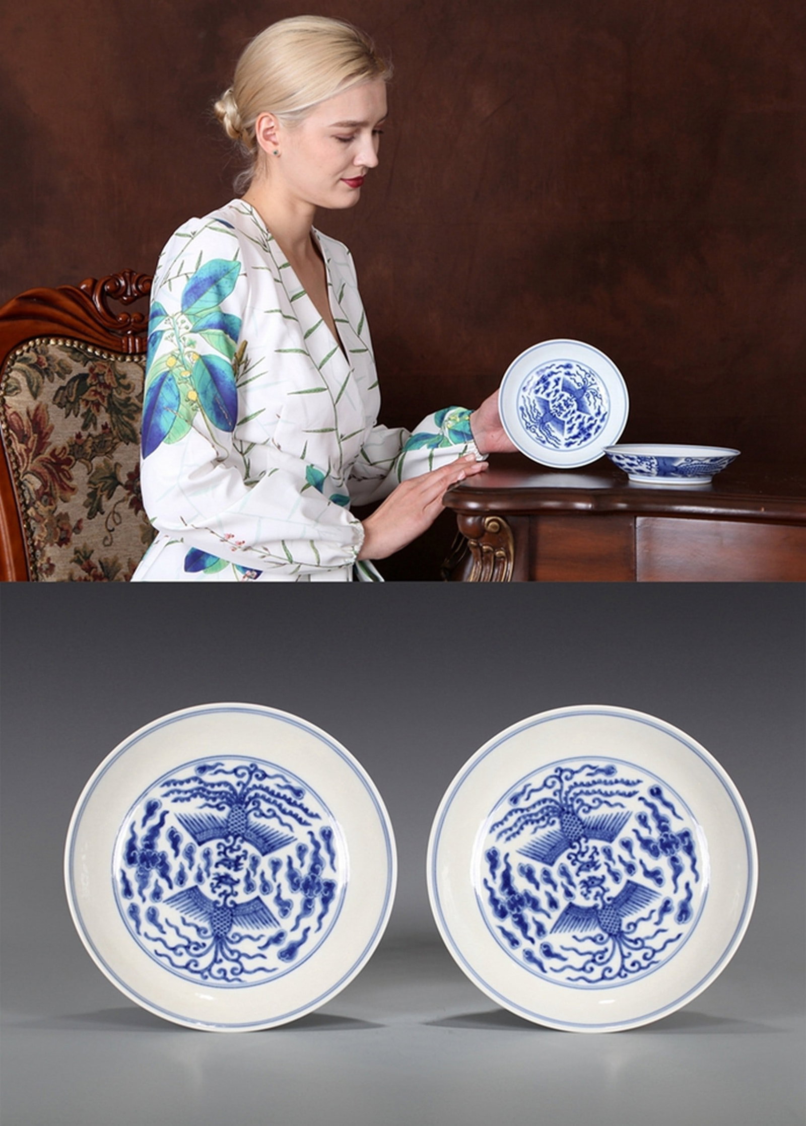 A PAIR OF BLUE AND WHITE PHOENIX PATTERNED PLATE (1 of 8)