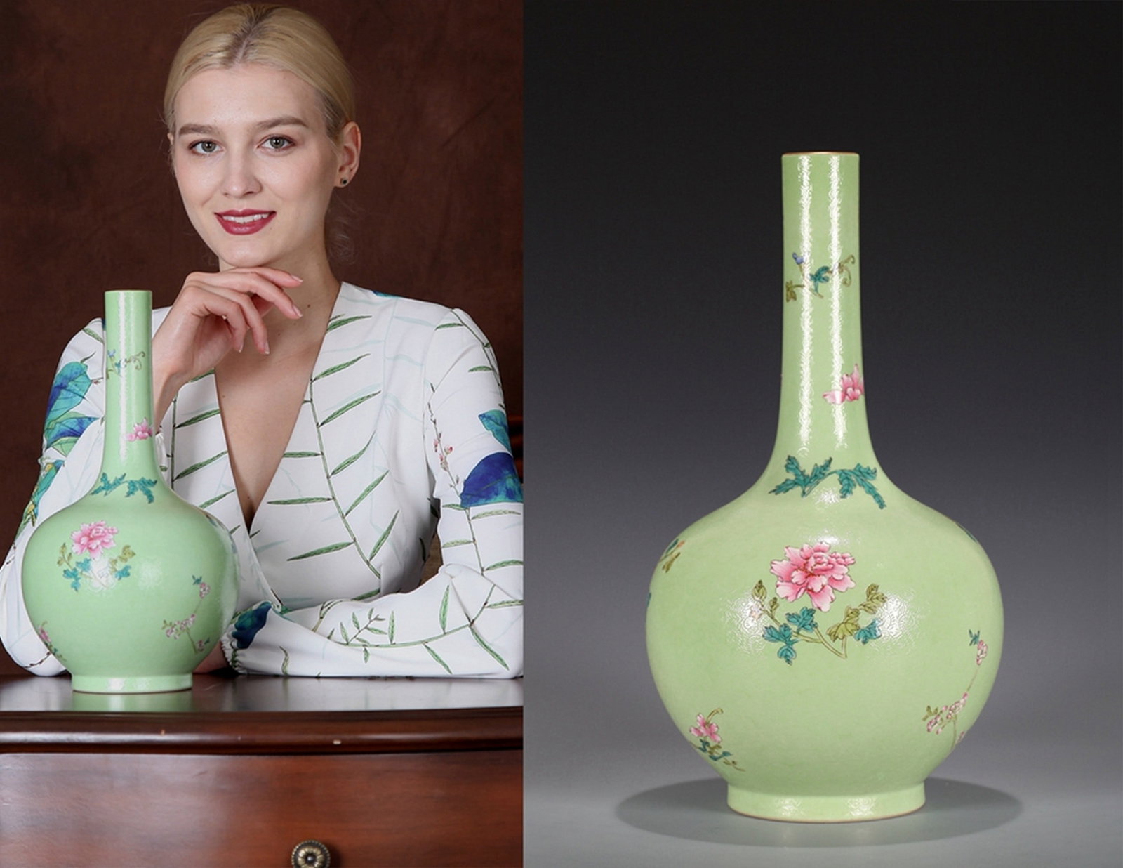 A GREEN GROUND FAMILLE-ROSE FLORAL PATTERNED PORCELAIN VASE: 清 绿地粉彩花卉纹长颈瓶 A green ground famille-rose floral patterned porcelain vase Ht.32CM