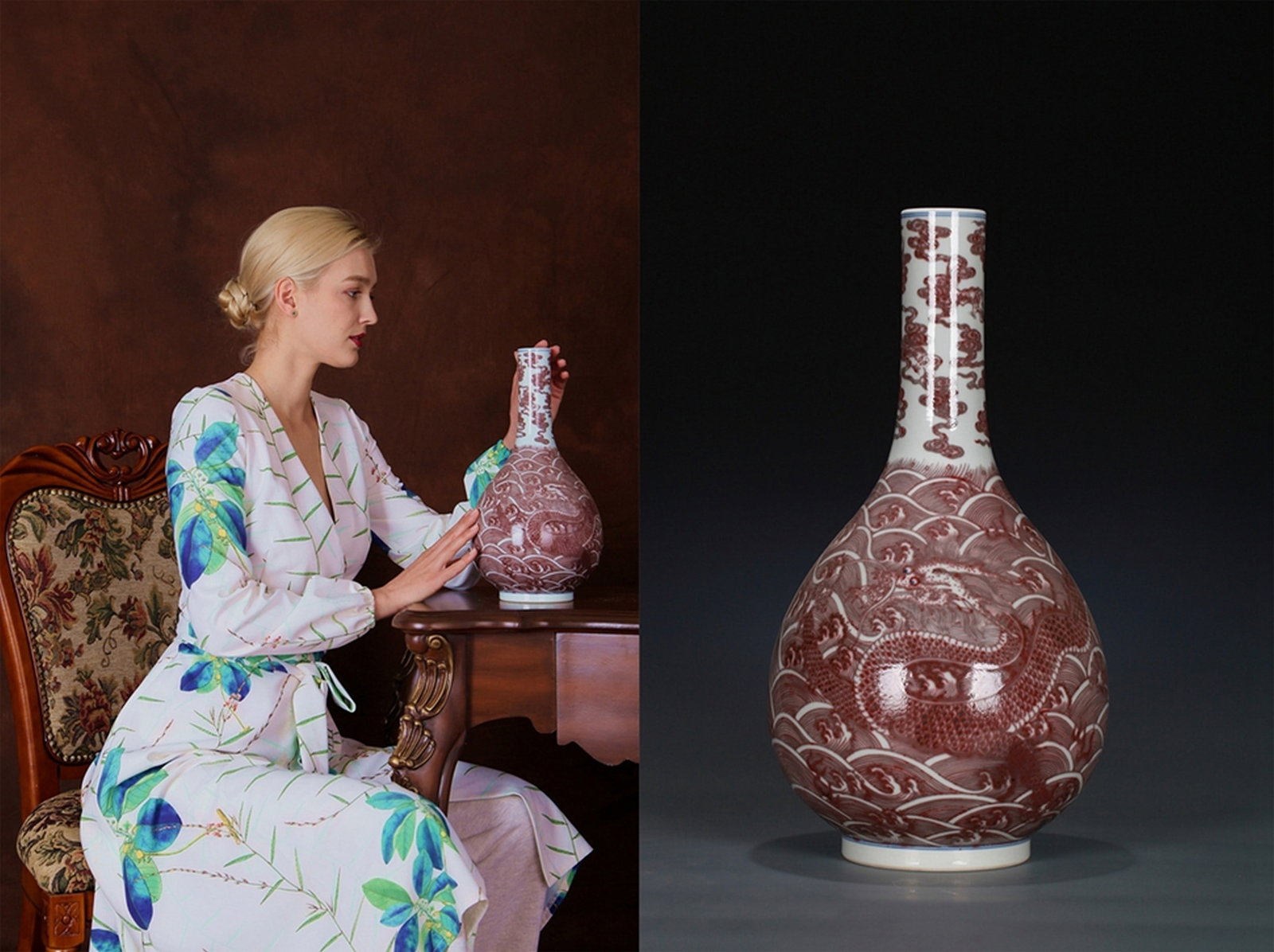 A COPPER RED DRAGON PATTERNED PORCELAIN VASE: 清 釉里红龙纹胆瓶 A copper red dragon patterned porcelain vase Ht.36CM