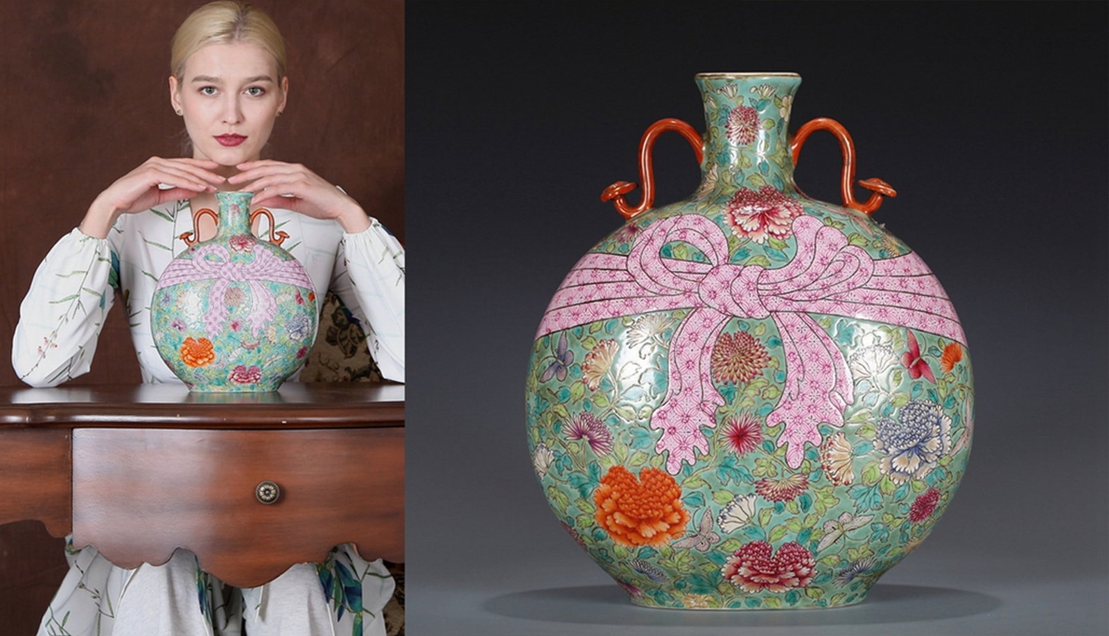 A GREEN GROUND FAMILLE-ROSE FLOWER PATTERNED DOUBLE EAR PORCELAIN VASE: 清 绿地粉彩花卉纹包袱瓶 A green ground famille-rose flower patterned double ear porcelain vase Ht.26CM