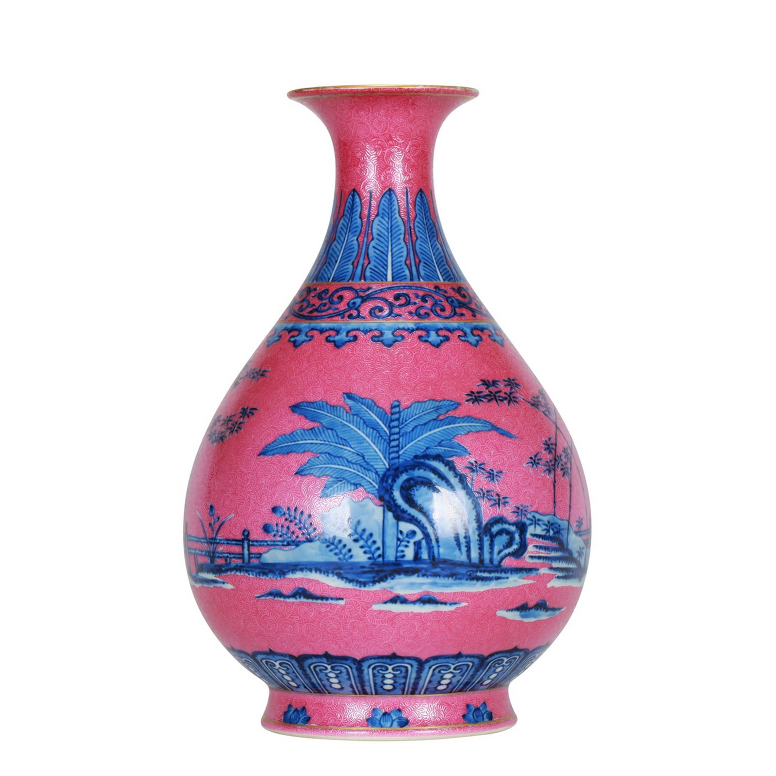 RED GROUND BLUE AND WHITE BANANA PATTERNED PORCELAIN VASE: 清 胭脂紅地轧道青花竹石芭蕉玉壺春 Red ground blue and white banana patterned porcelain vase Ht.30CM