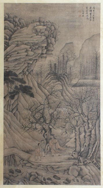 WANG SHIMIN: A FRAMED PAINTING ON PAPER 'LANDSCAPE: The framed painting depicts a mountainous scene in dark tone, with a scholar and two young lumberjacks conversing under a withering tree, on the path towards the tall mountain. Artist signature and ma