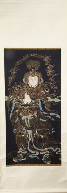 A COLOR AND INK ON PAPER PAINTING 'SKANDA': This painting depicts the Buddhist deity Weituo, the Guardian of Buddha. His face and hands are delicately drew and the decorations on clothes are painted elaborately. Dimensions: L: 53 1/2 in (136 cm