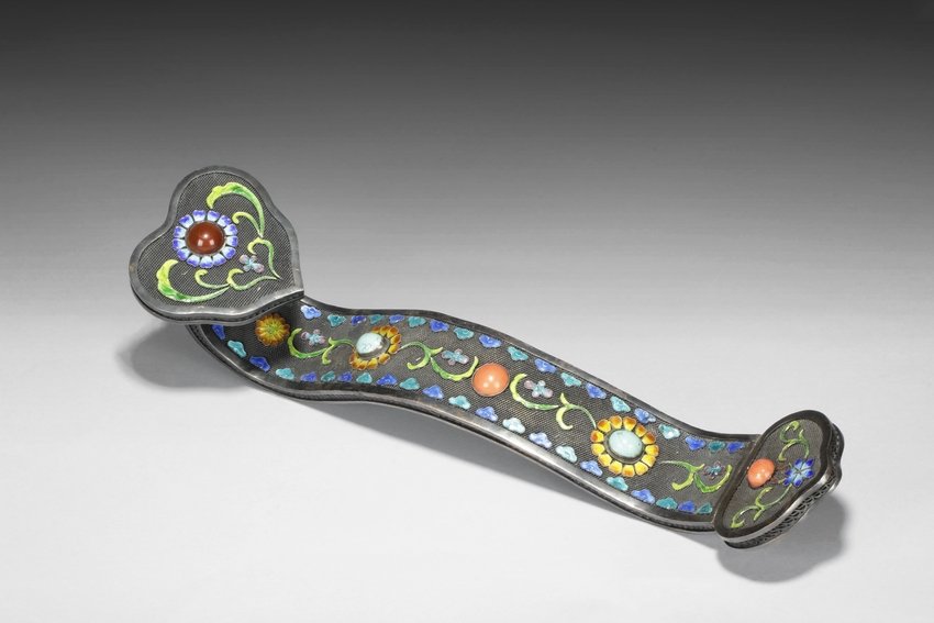 SILVER CLOISONNE ENAMEL RUYI SCEPTER INSET W/GEMS: The ruyi delicately made from gilt silver cloisonne-enamel, the body ornate with semi-precious gems such as coral, turquoise, agate, and jadeite to form flowers, plants, leaves, and cloud patterns on 