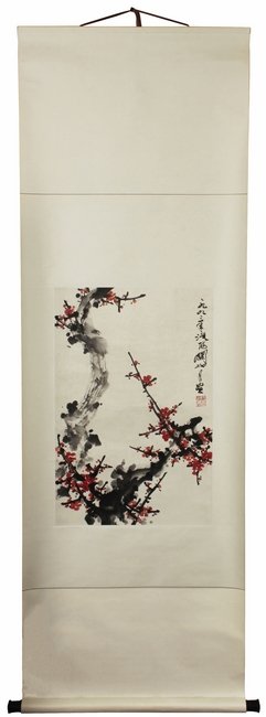 GUAN SHANYUE: INK ON PAPER PAINTING 'PLUM BLOSSOM': Ink and color on paper, hanging scroll. The painting depicts plum flower blossom, with clear color contrast. Artist signature and mark 'Guan Shanyue' on top right. H: 27 1/4 in (69.3 cm) W: 18 in (45.