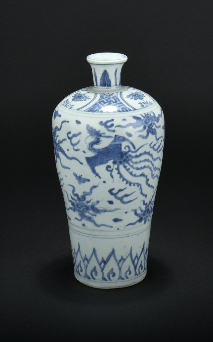 BLUE AND WHITE VASE, MEIPING: Of tall and slender design, the vase with high shoulder and tapers down to small foot, body painted in blue and white with auspicious items between scrolling lotus and flower patterns. Ming Dynasty pe