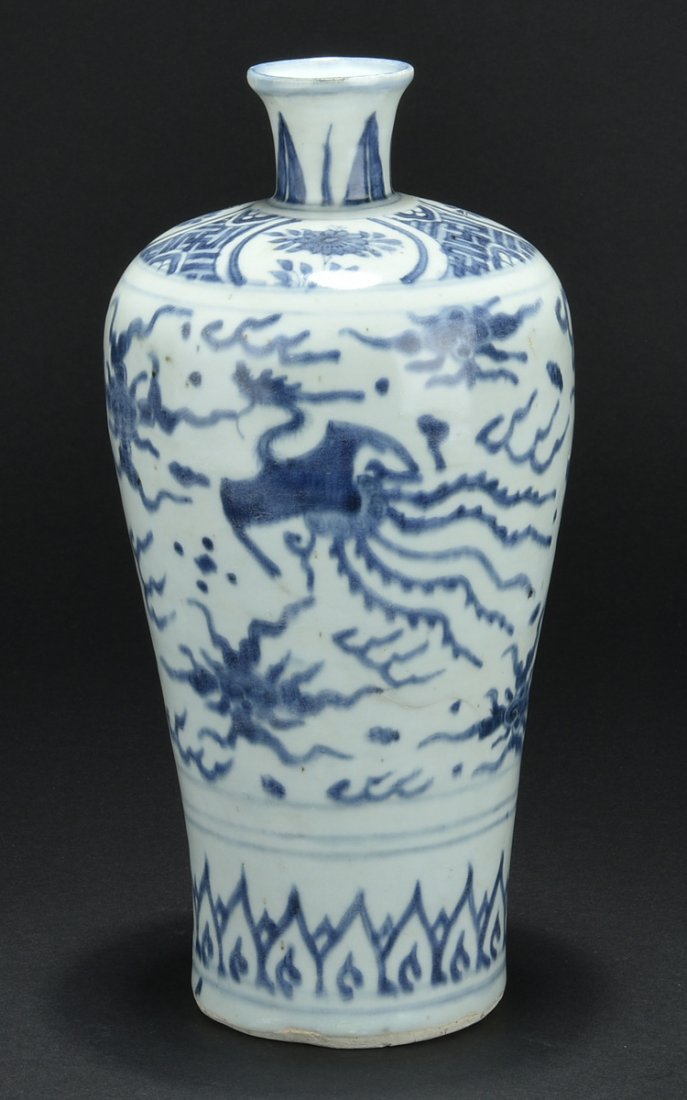BLUE AND WHITE VASE, MEIPING: Of tall and slender design, the vase with high shoulder and tapers down to small foot, body painted in blue and white with auspicious items between scrolling lotus and flower patterns. Ming Dynasty pe