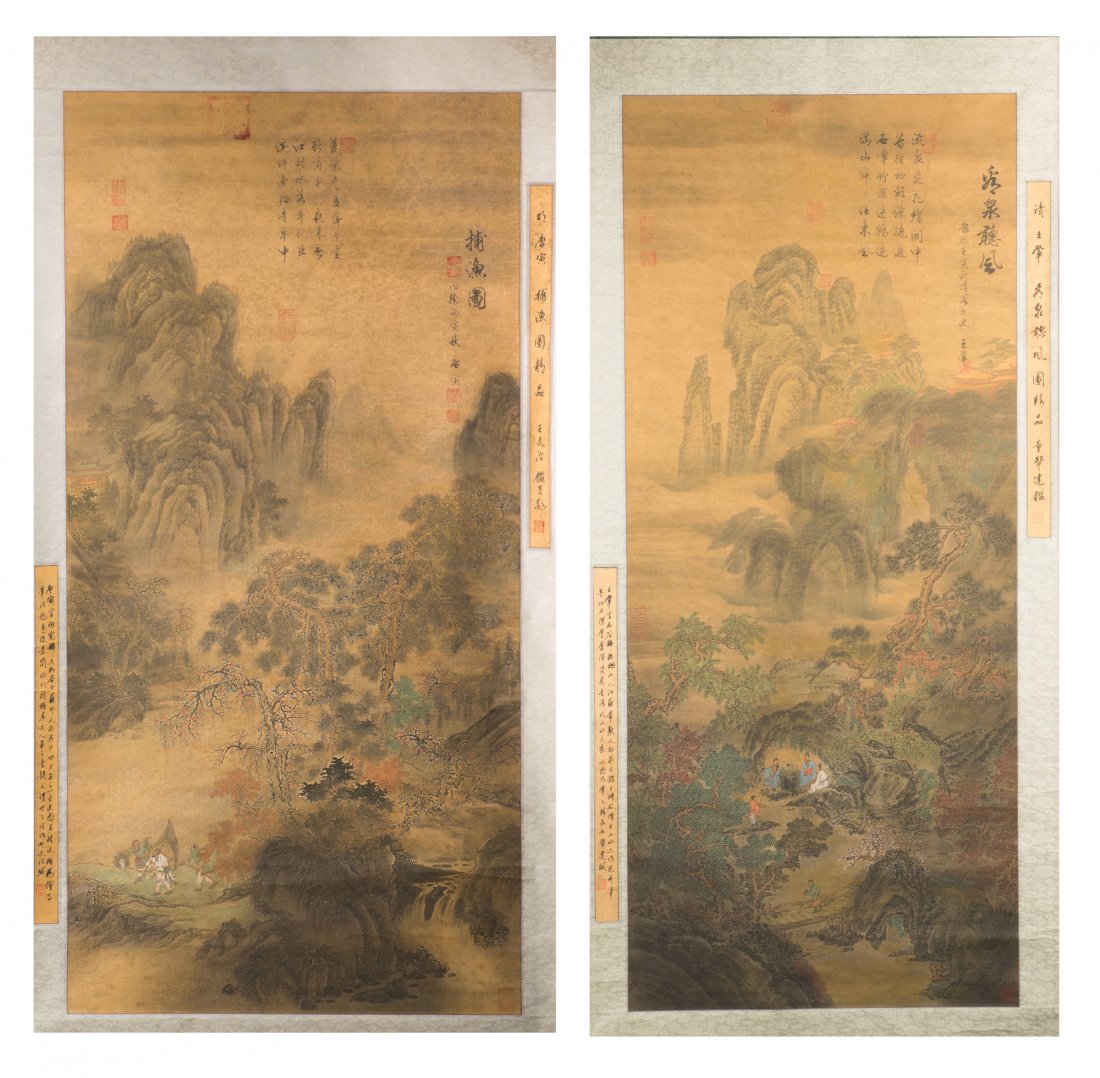 TWO INK ON PAPER â€™LANDSCAPEâ€™ PRINT SCROLLS: Ink on paper, vertical scrolls. Both paintings depict landscape scenery with people, artist mark â€˜Tang Yin' on one painting, 'Wang Hui' on the other. Height: 48 3/4 in (123.8 cm) Width: 25 in (6