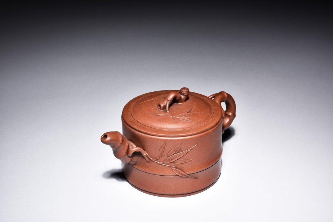 YIXING ZISHA STONEWARE 'BAMBOO' TEAPOT (1 of 7)
