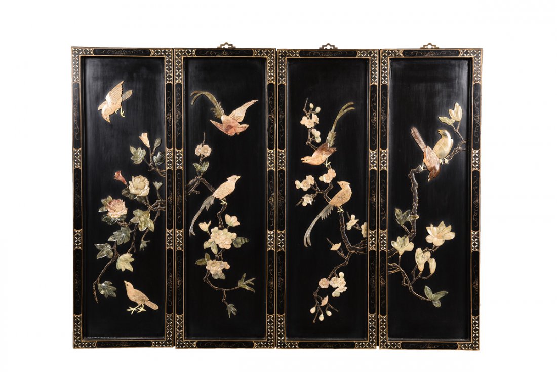 A SET OF FOUR LACQUER APPLIQUE HANGING SCREENS (1 of 10)